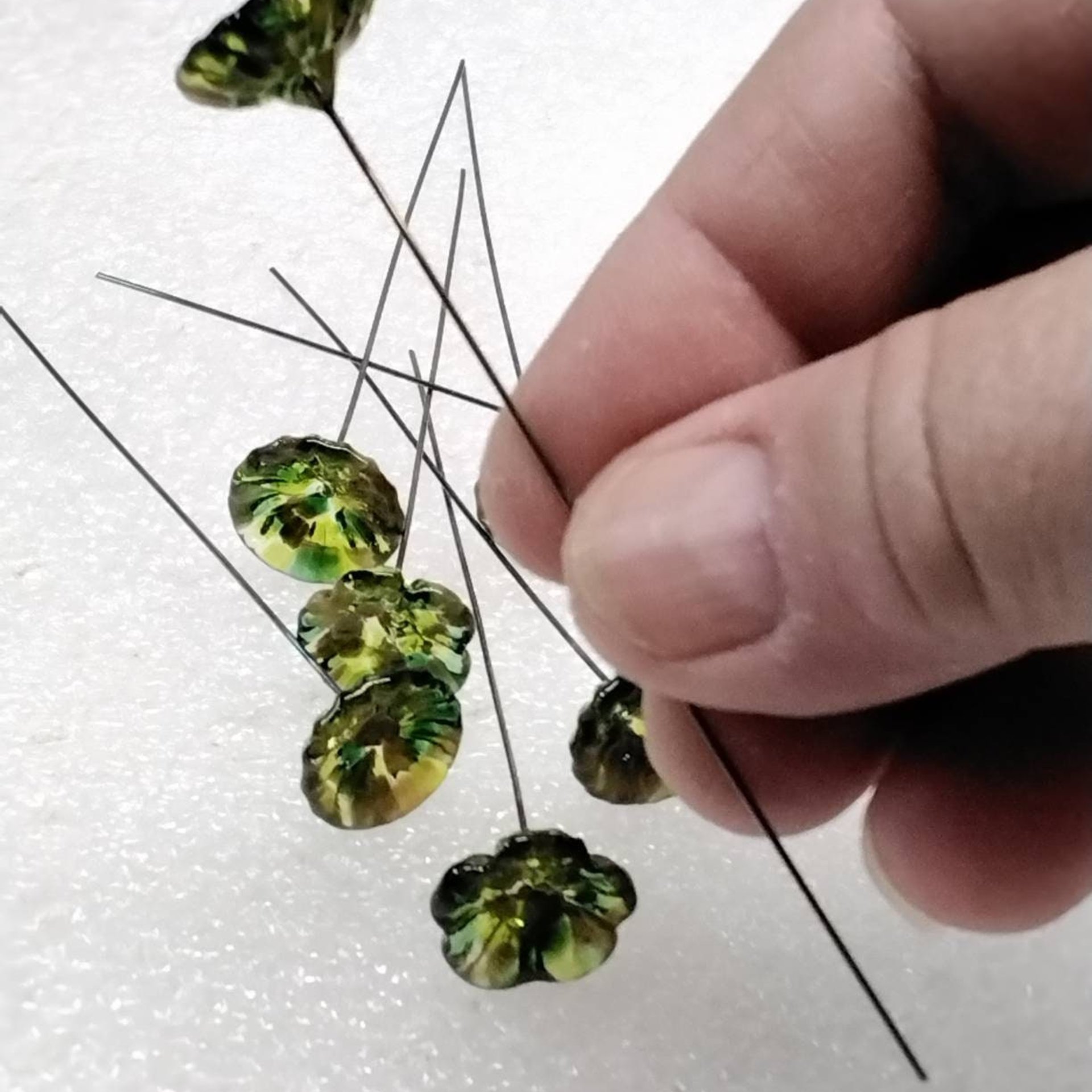 Camo glass flower headpins, glass on wire, jewelry supply or bouquet, fall, hunter, camouflage, woods, cabin, rustic, lampwork handmade