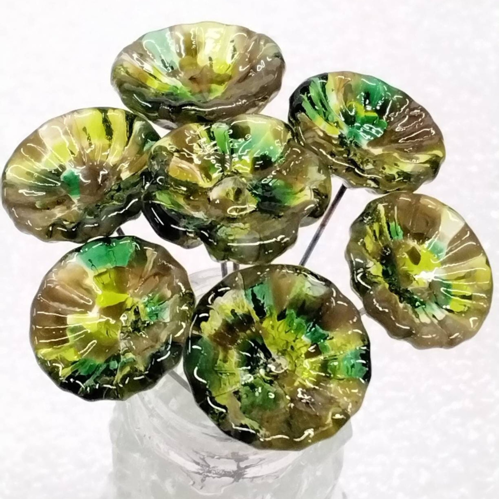 Camo glass flower headpins, glass on wire, jewelry supply or bouquet, fall, hunter, camouflage, woods, cabin, rustic, lampwork handmade