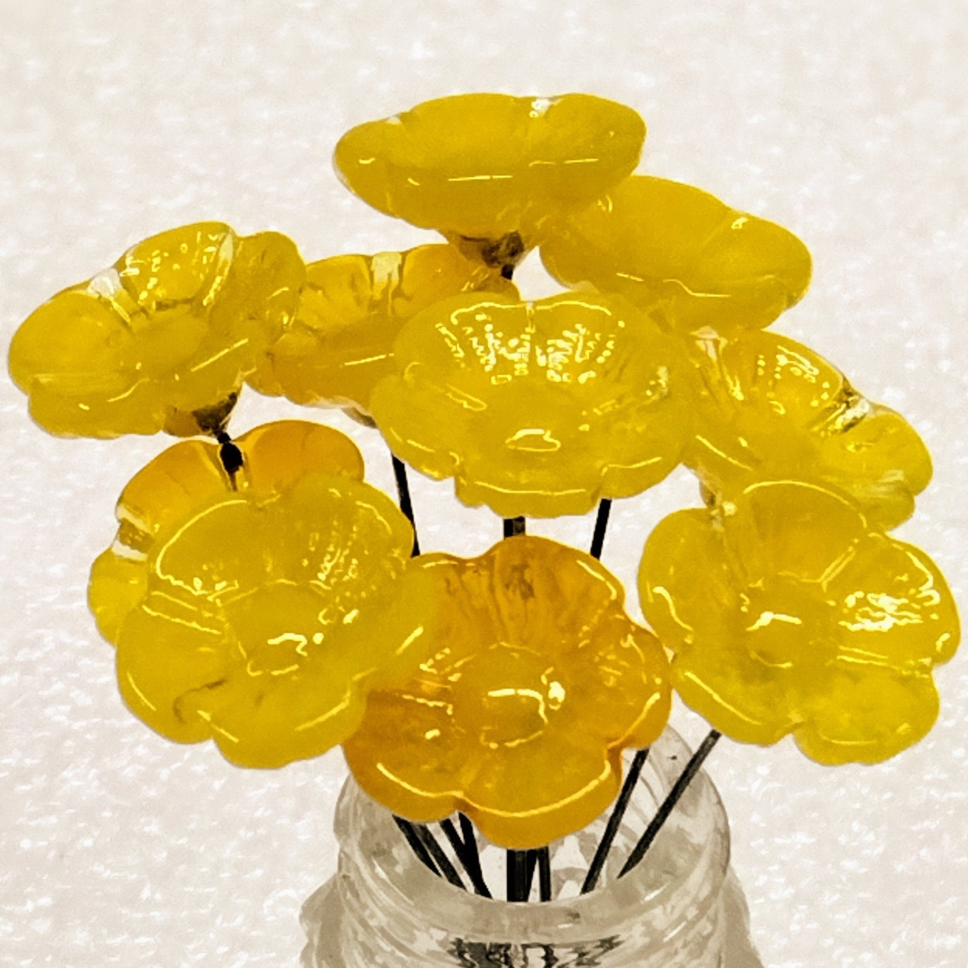 YELLOW TRANSLUCENT glass flower headpins, tiny small miniature glass flowers on wire; jewelry supply, curio, windowsill, small bouquet, gift
