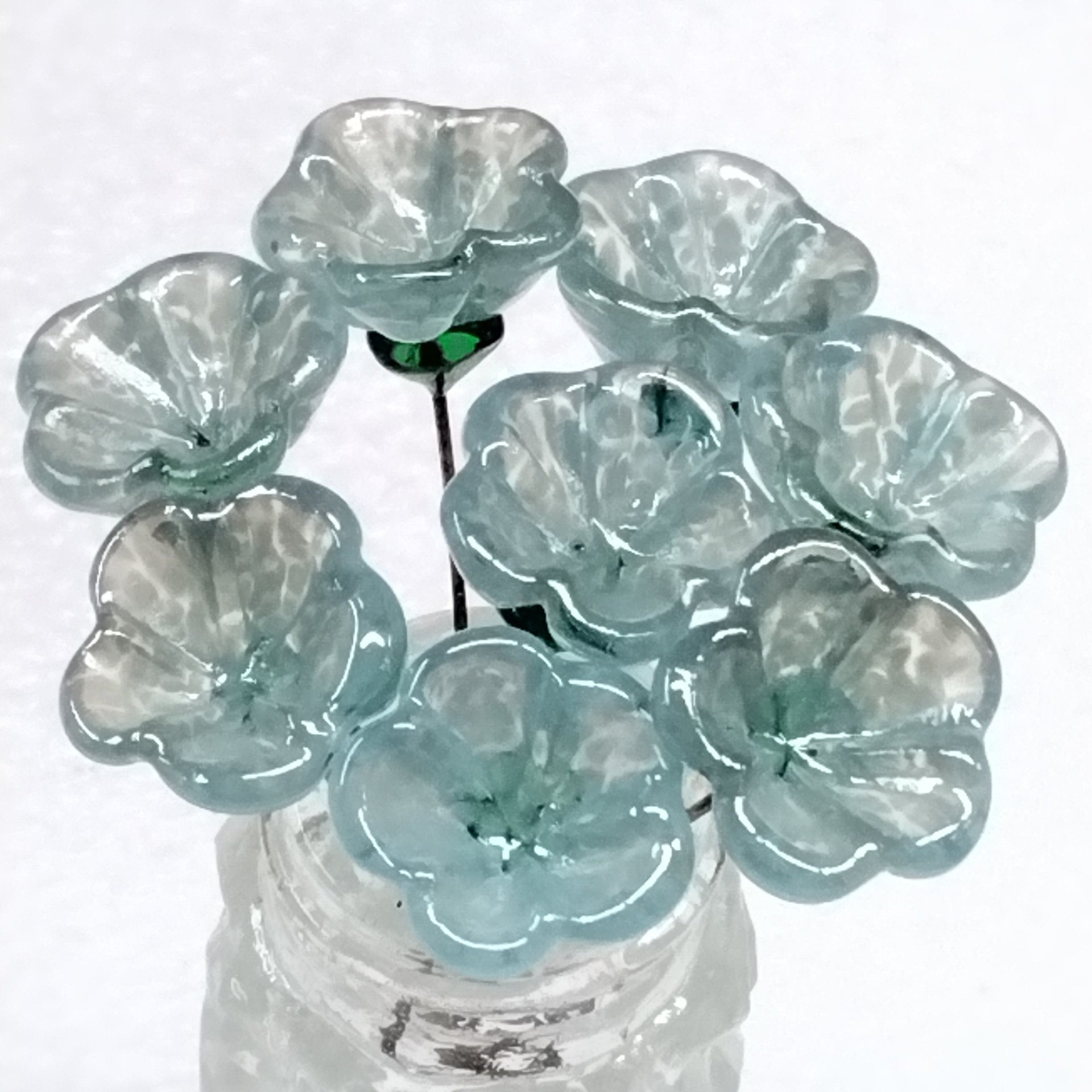 Seafoam miniature glass flower headpins, tiny small mini glass flowers on wire for jewelry, home decor, bouquet, weddings, cake decorating