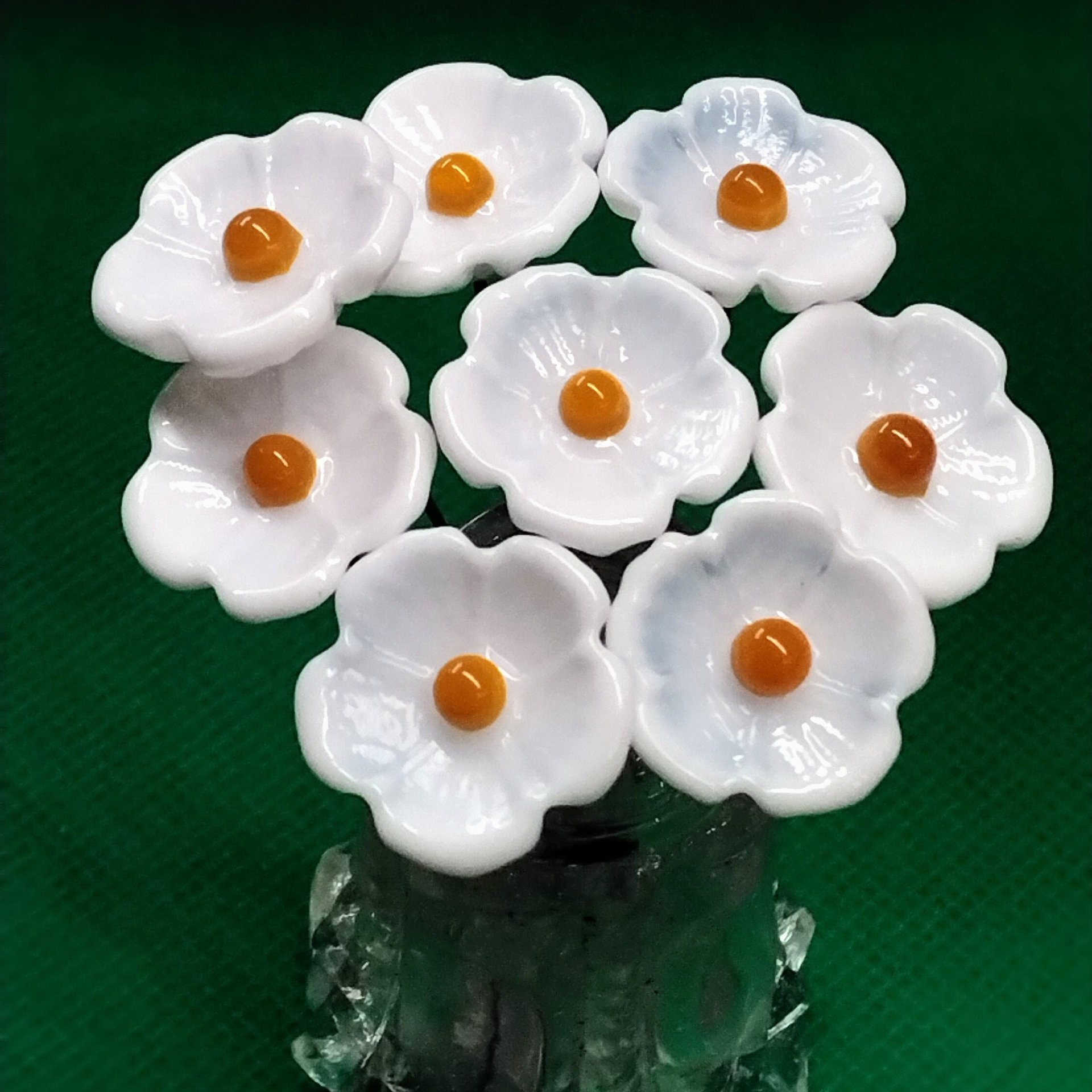 White 5-petal with yellow center glass flower headpins, tiny small mini glass flowers on wire; lampwork, jewelry, mixed media, wedding, gift