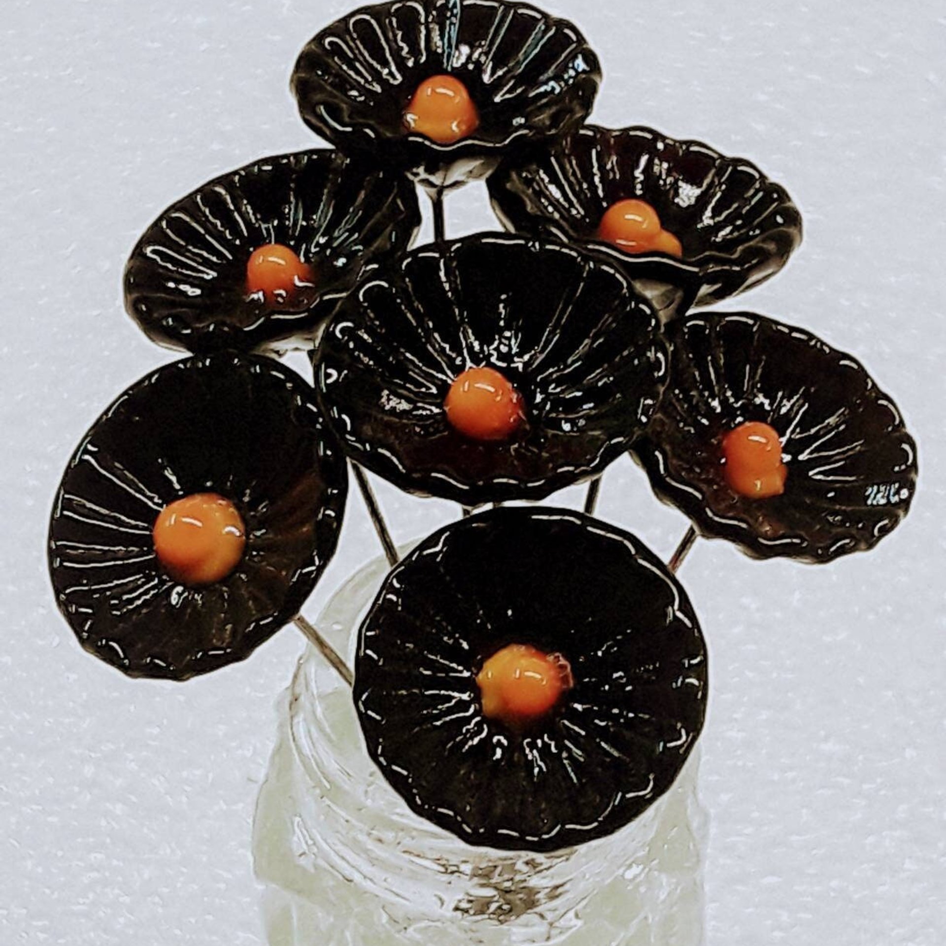 Black & Gold Coral Disk glass flower headpins,tiny small mini glass flowers on wire; glass lampwork, jewelry, mixed media, gifts college