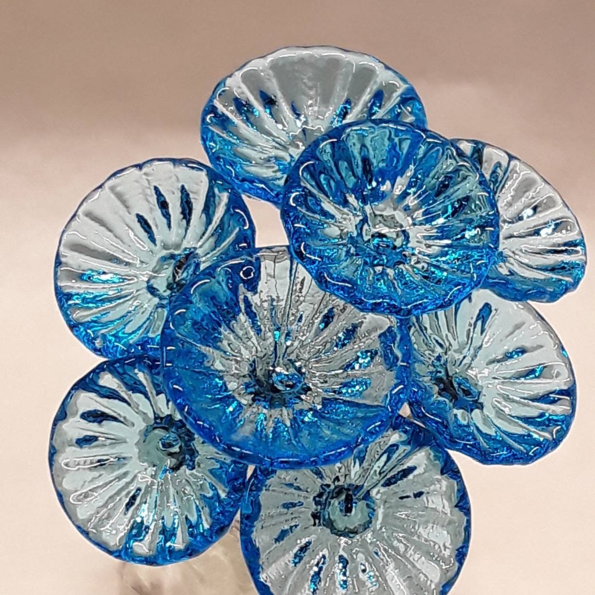 Aqua Coral Disk glass flower headpins (March birthstone) ~ tiny small mini glass flowers on wire; Bouquet, mixed media, curio, fairy garden