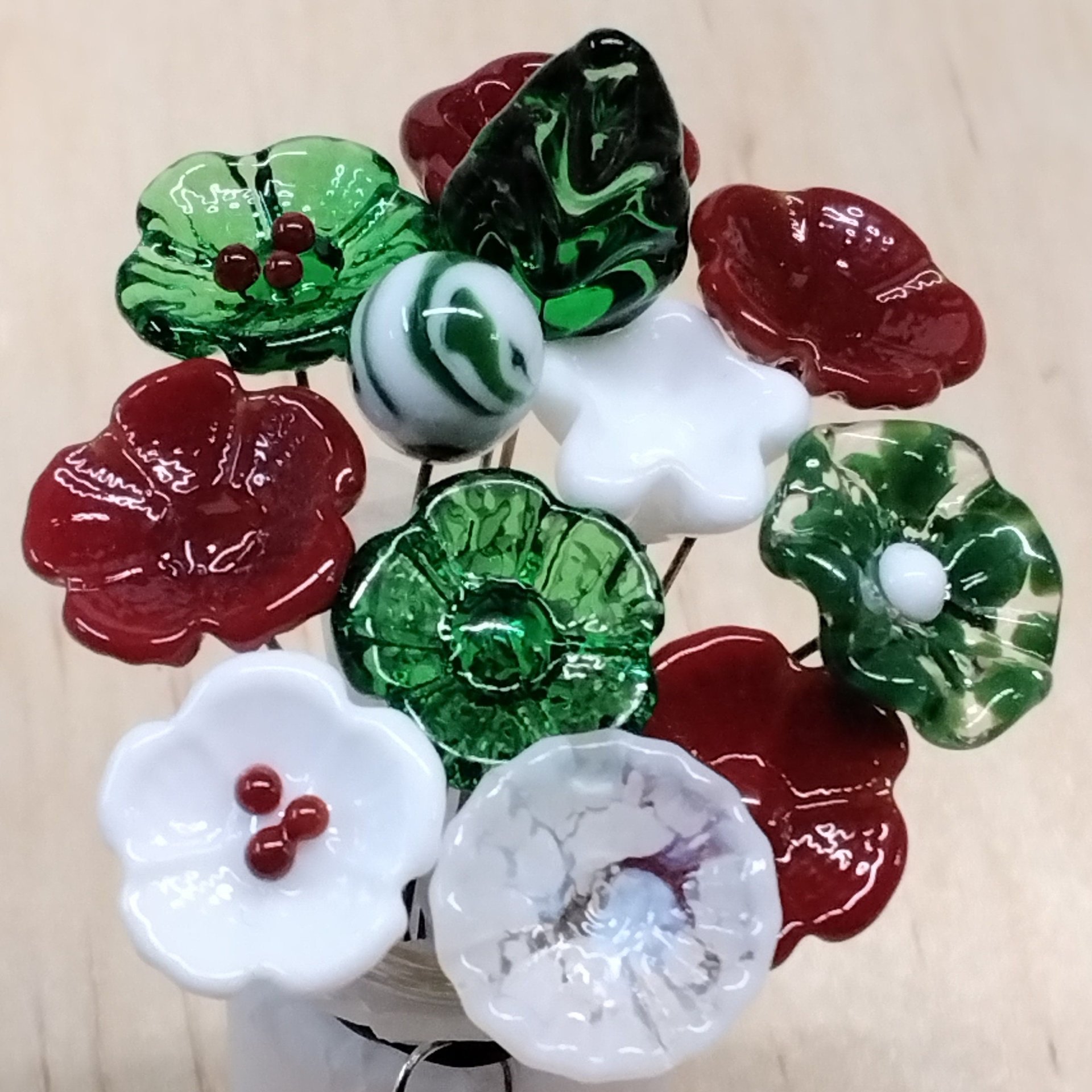 Christmas Holiday Bouquet, glass flower/leaf bouquet, tiny, small glass flowers; handcrafted lampwork, holiday, curio, windowsill, wedding