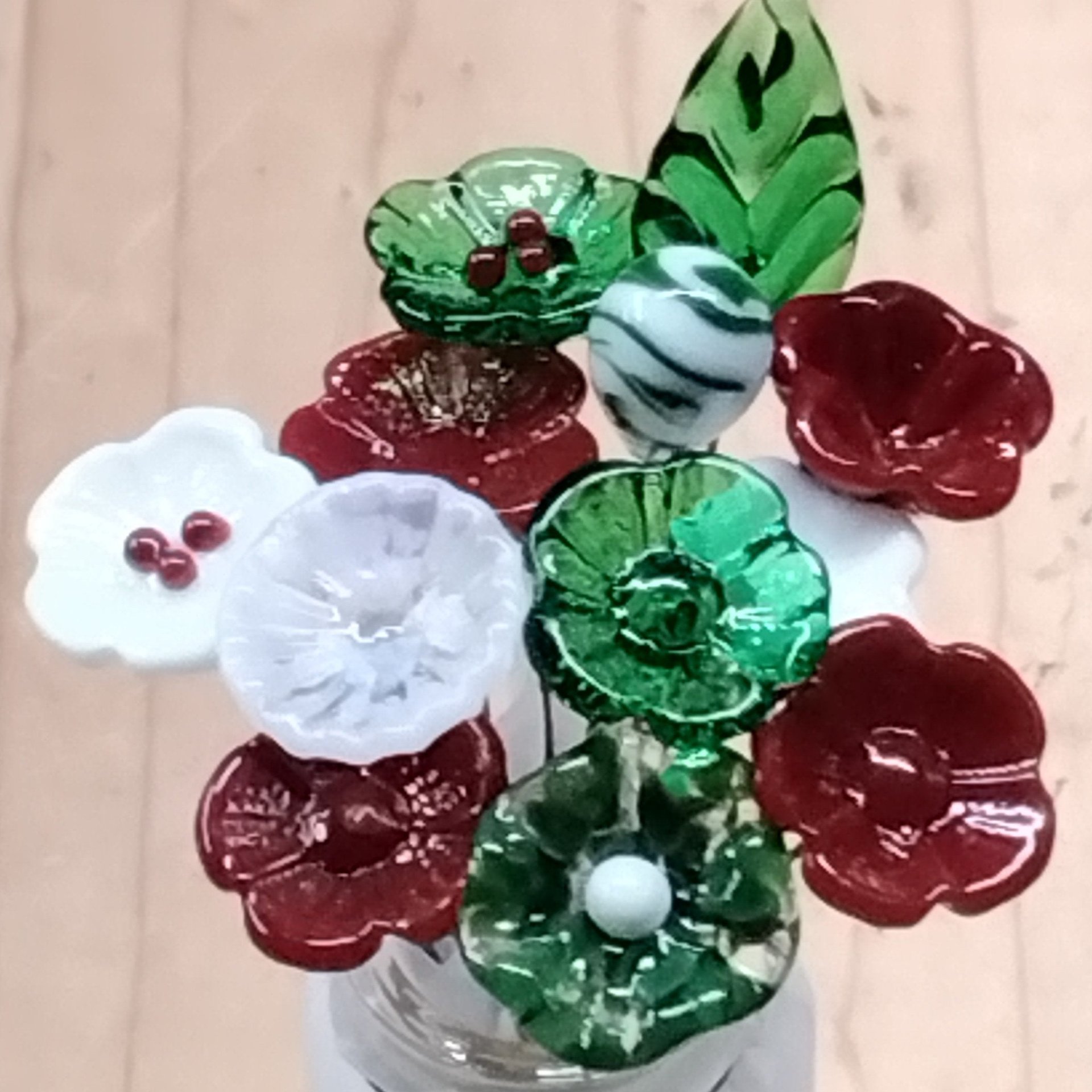 Christmas Holiday Bouquet, glass flower/leaf bouquet, tiny, small glass flowers; handcrafted lampwork, holiday, curio, windowsill, wedding