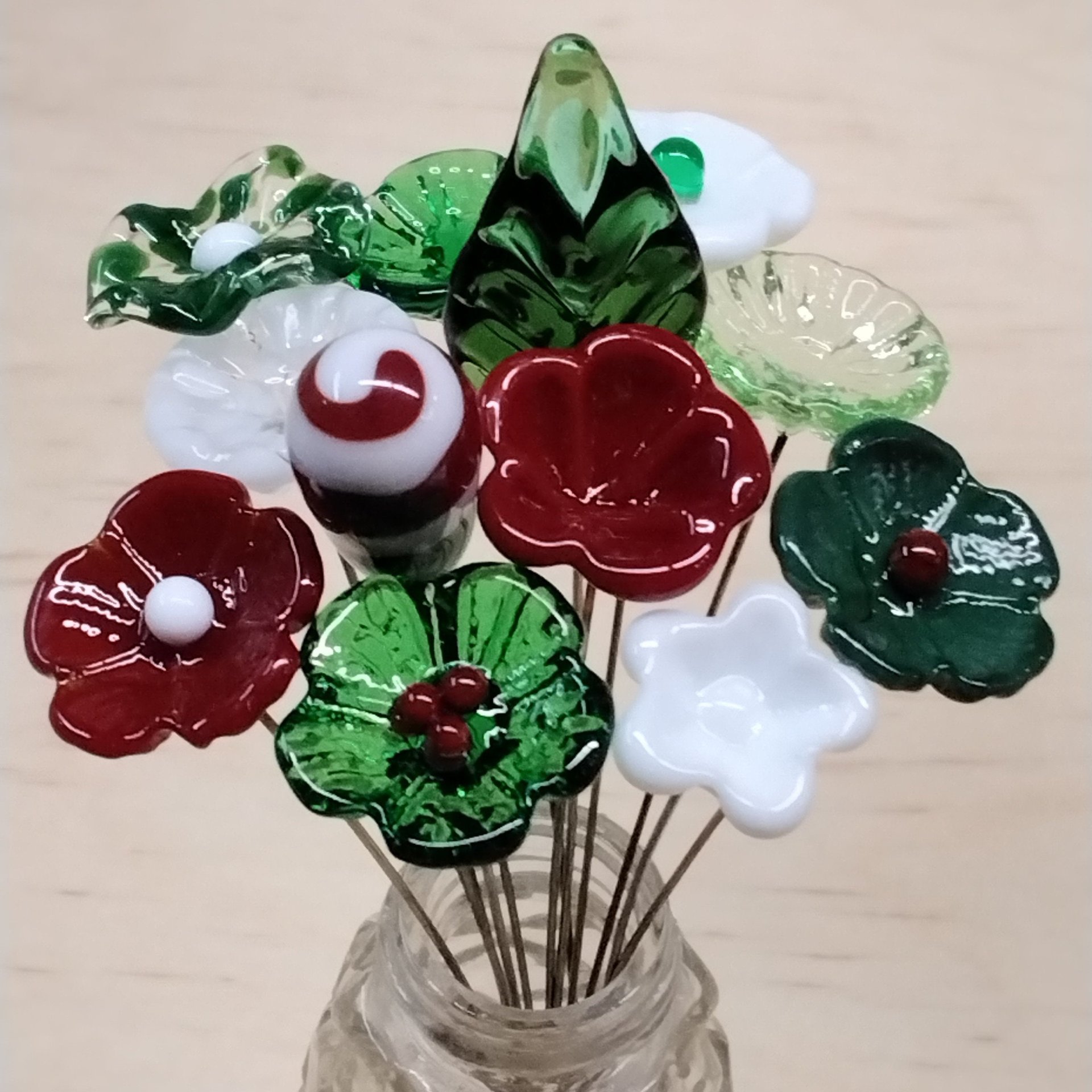 Christmas Holiday Bouquet, glass flower/leaf bouquet, tiny, small glass flowers; handcrafted lampwork, holiday, curio, windowsill, wedding