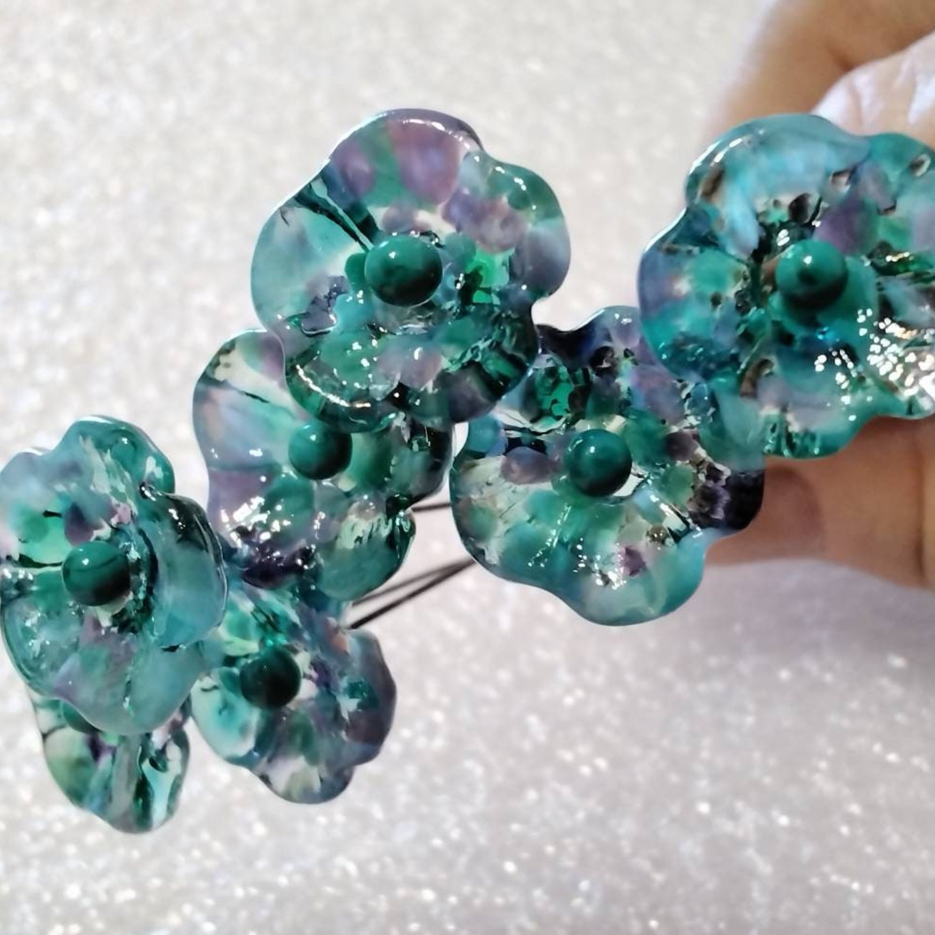 Emerald Island Turquoise/Purple 5-Petal glass flowers, tiny small mini glass flowers on wire; handcrafted lampwork, jewelry, mix media, gift