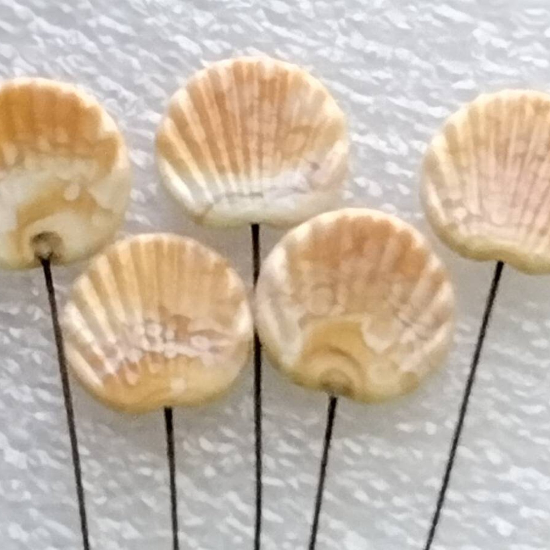 Shell Fan miniature flower glass headpins;  tiny small mini glass flowers on wire; individually crafted lampwork