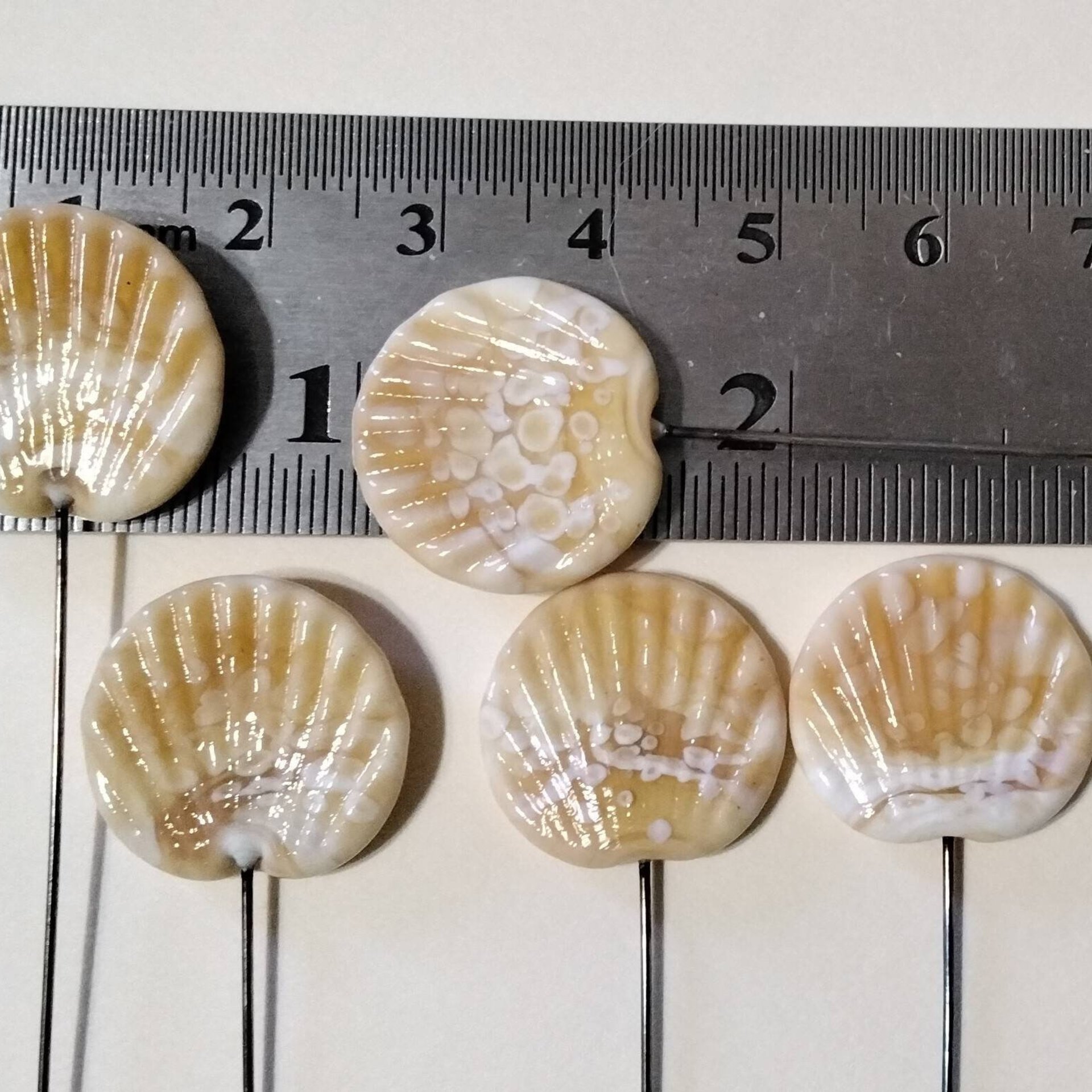 Shell Fan miniature flower glass headpins;  tiny small mini glass flowers on wire; individually crafted lampwork