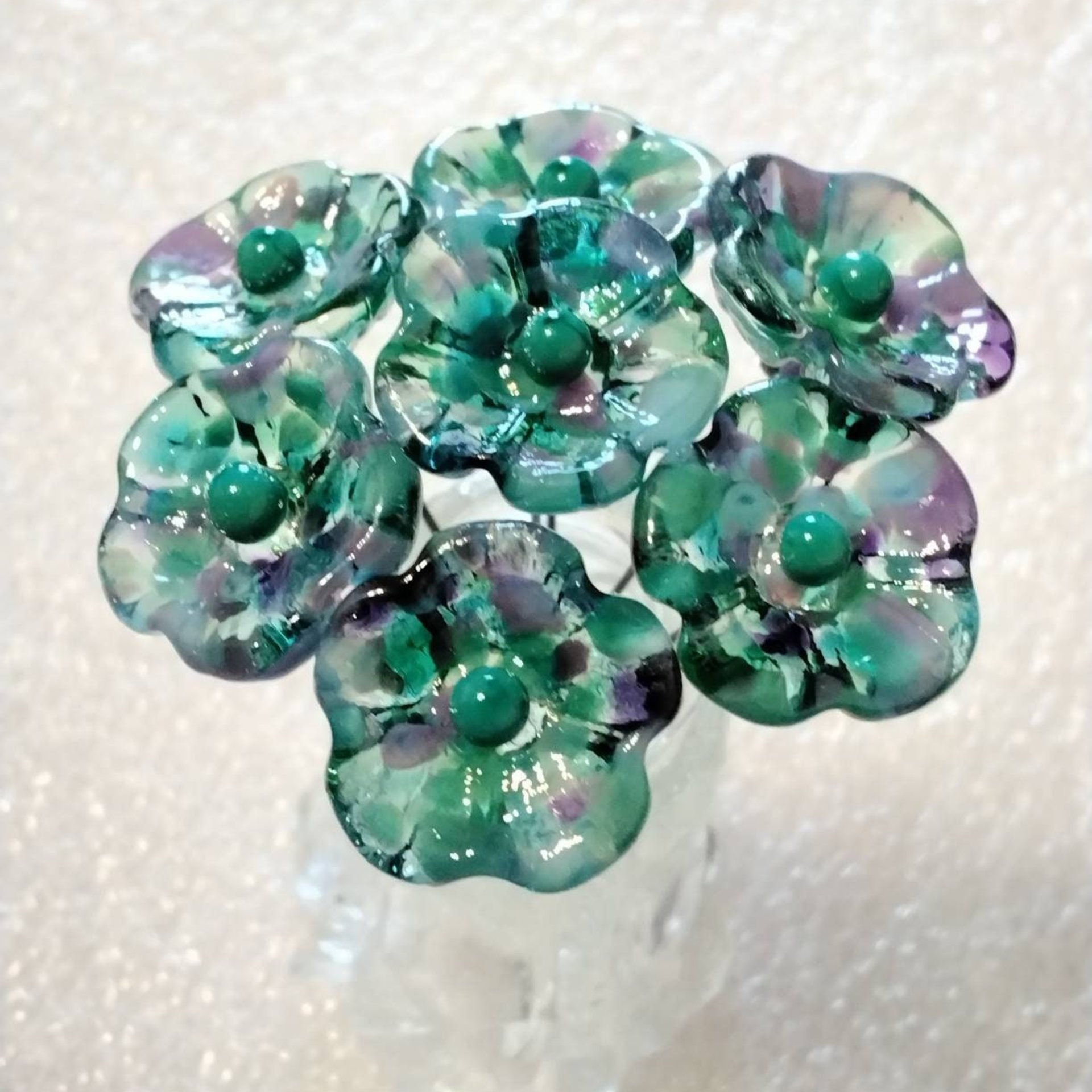 Emerald Island Turquoise/Purple 5-Petal glass flowers, tiny small mini glass flowers on wire; handcrafted lampwork, jewelry, mix media, gift