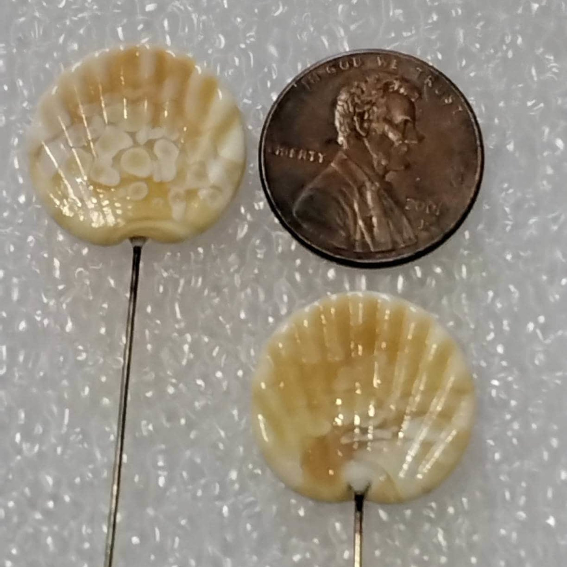 Shell Fan miniature flower glass headpins;  tiny small mini glass flowers on wire; individually crafted lampwork