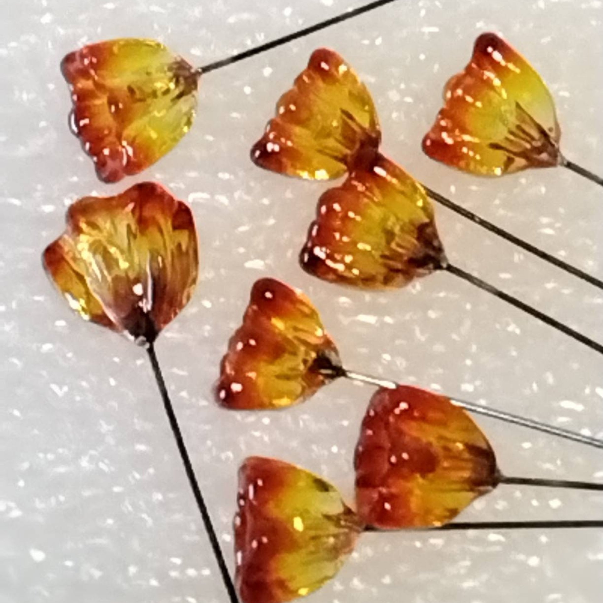 Fire Mini Rufflebell glass flower on wire headpins, mini tiny small glass flowers on wire; handcrafted lampwork, jewelry, mixed media, gifts
