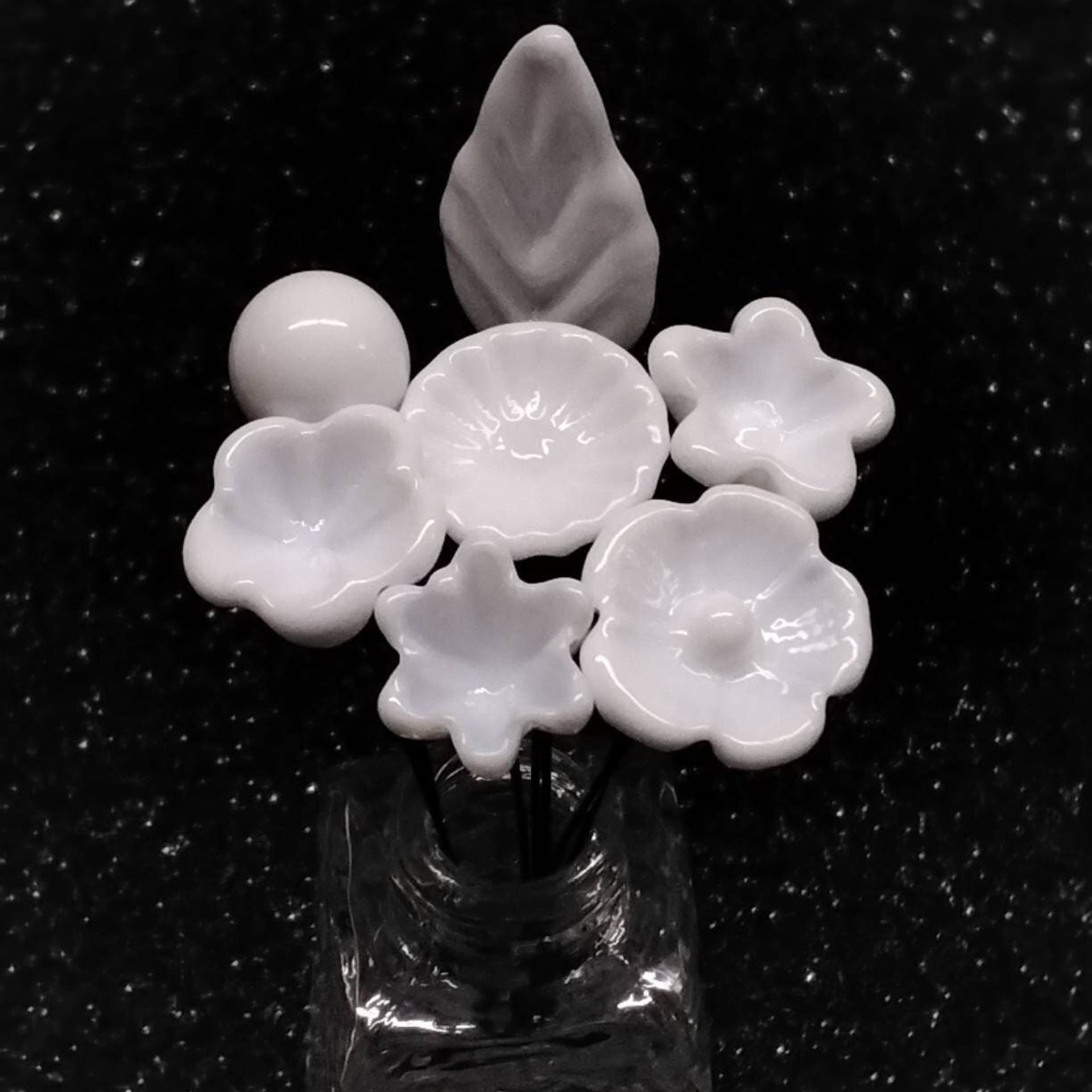 Solid White MILK GLASS miniature glass flowers; tiny small mini glass flowers on wire; lampwork, jewelry, mixed media, wedding, gifts