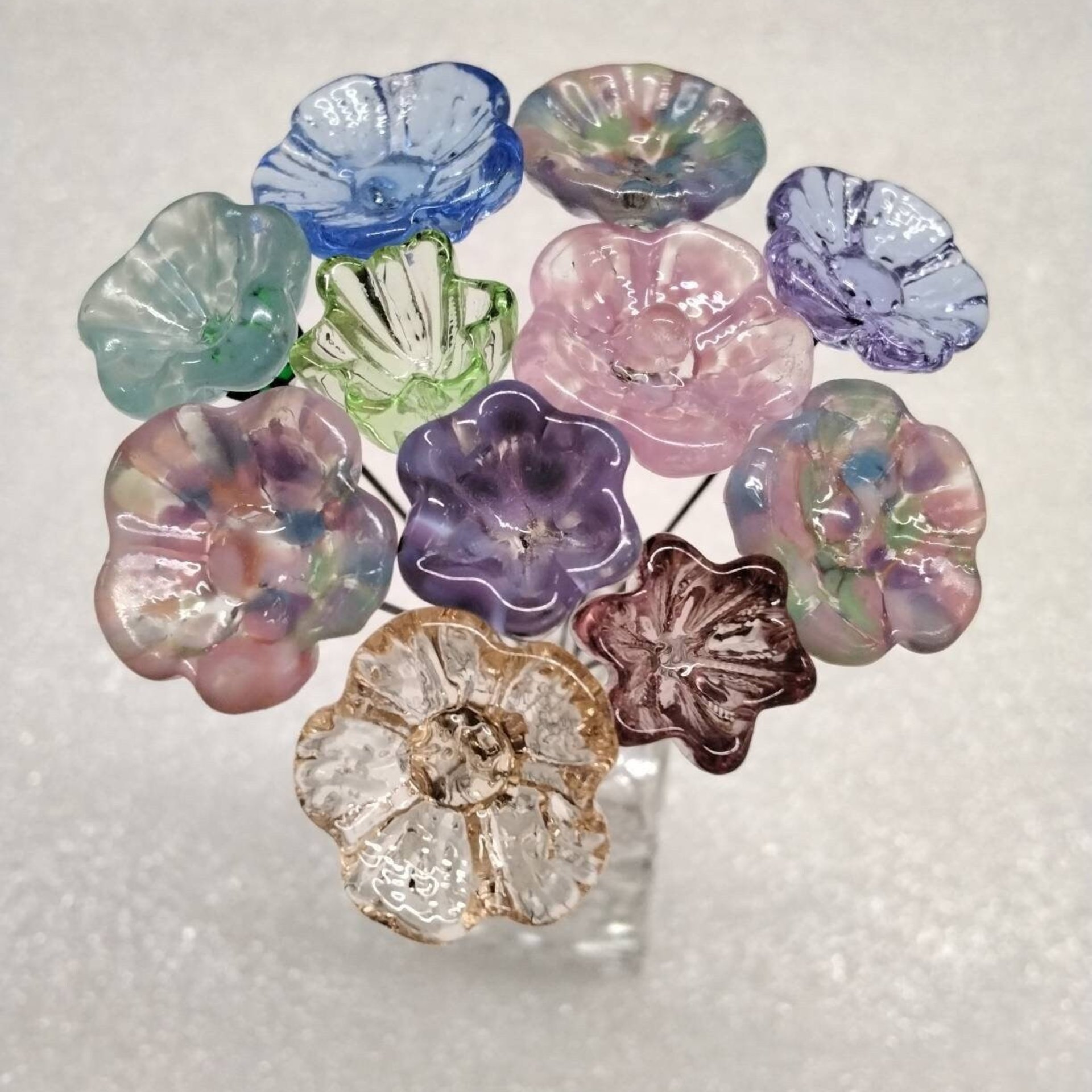 SPRING PASTELS Bouquet ~ glass flower/leaf bouquet, tiny small glass flowers; handcrafted lampwork, gift, wedding, pastel, jewelry, baby