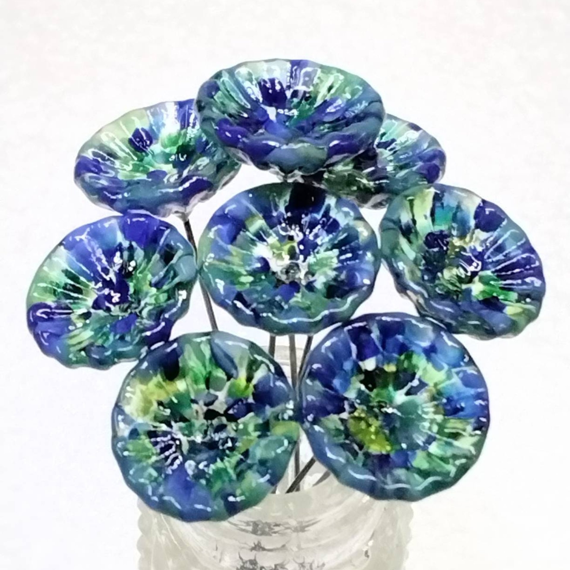 GREEN/BLUE SPRINKLES glass flower headpins, tiny small mini glass flowers on wire; handcrafted lampwork, jewelry, mixed media, wedding, gift