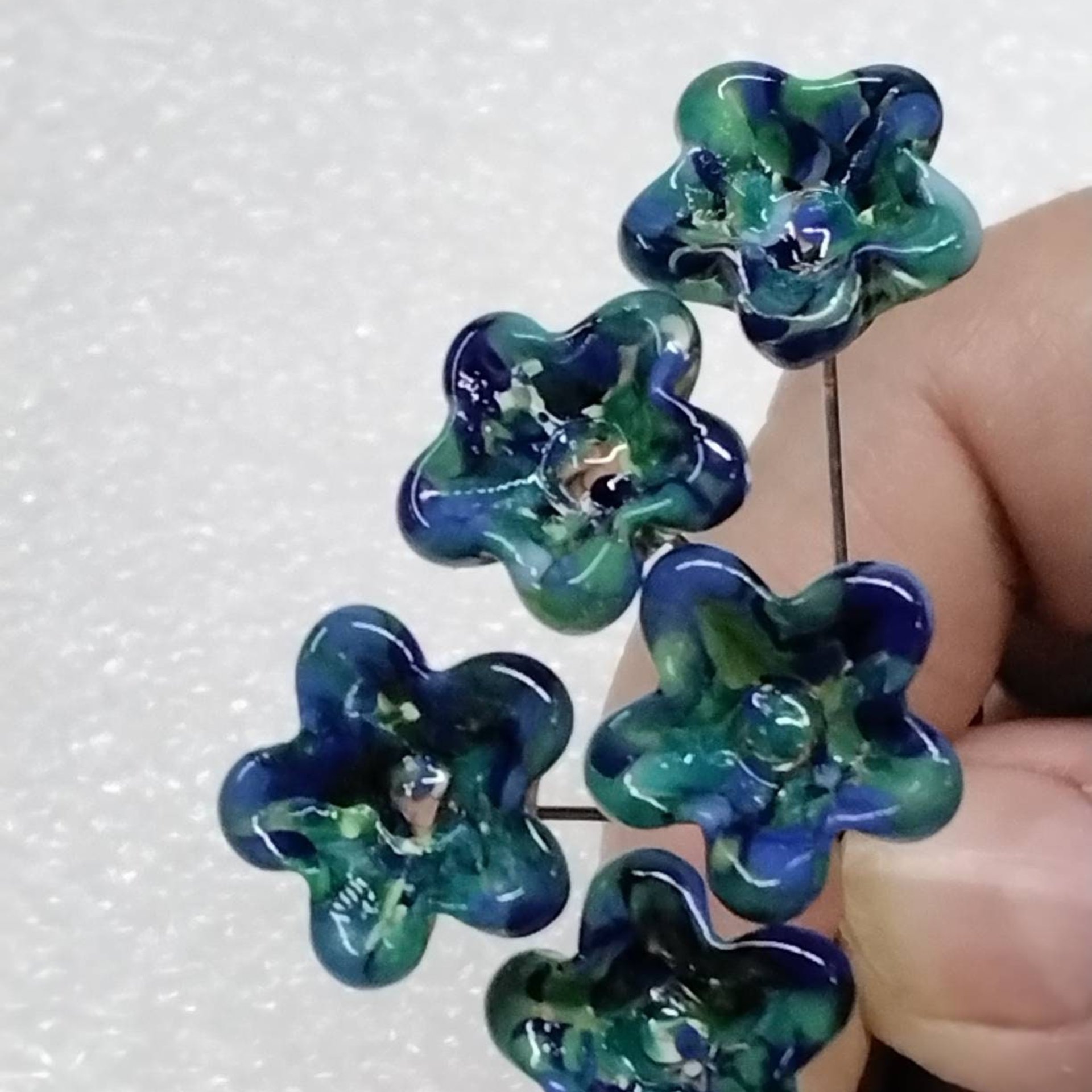 GREEN/BLUE SPRINKLES glass flower headpins, tiny small mini glass flowers on wire; handcrafted lampwork, jewelry, mixed media, wedding, gift