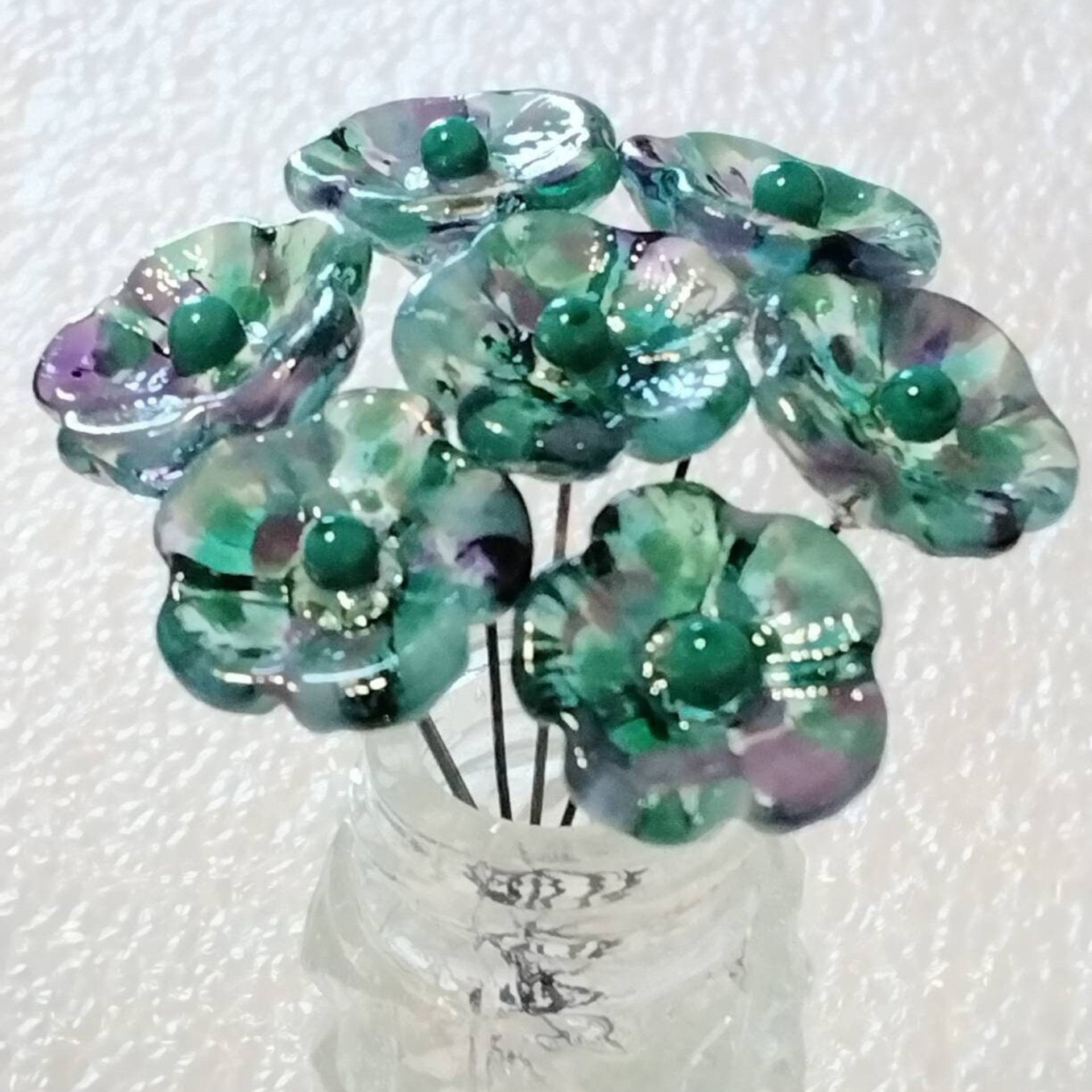 Emerald Island Turquoise/Purple 5-Petal glass flowers, tiny small mini glass flowers on wire; handcrafted lampwork, jewelry, mix media, gift