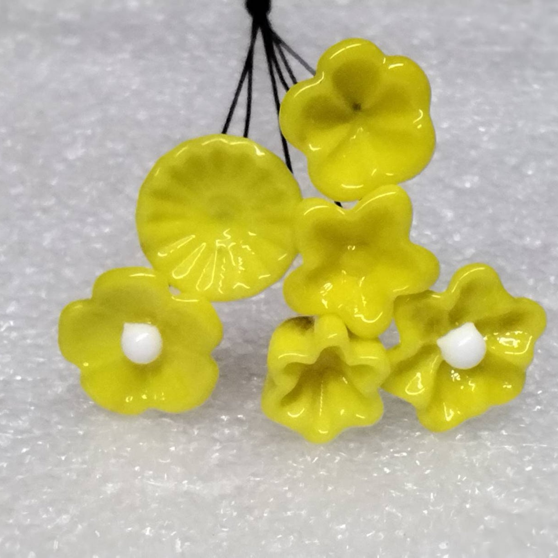 BRIGHT YELLOW glass flower headpins; tiny small mini glass flowers on wire; hancrafted lampwork, jewelry, curio, mixed media, little gift