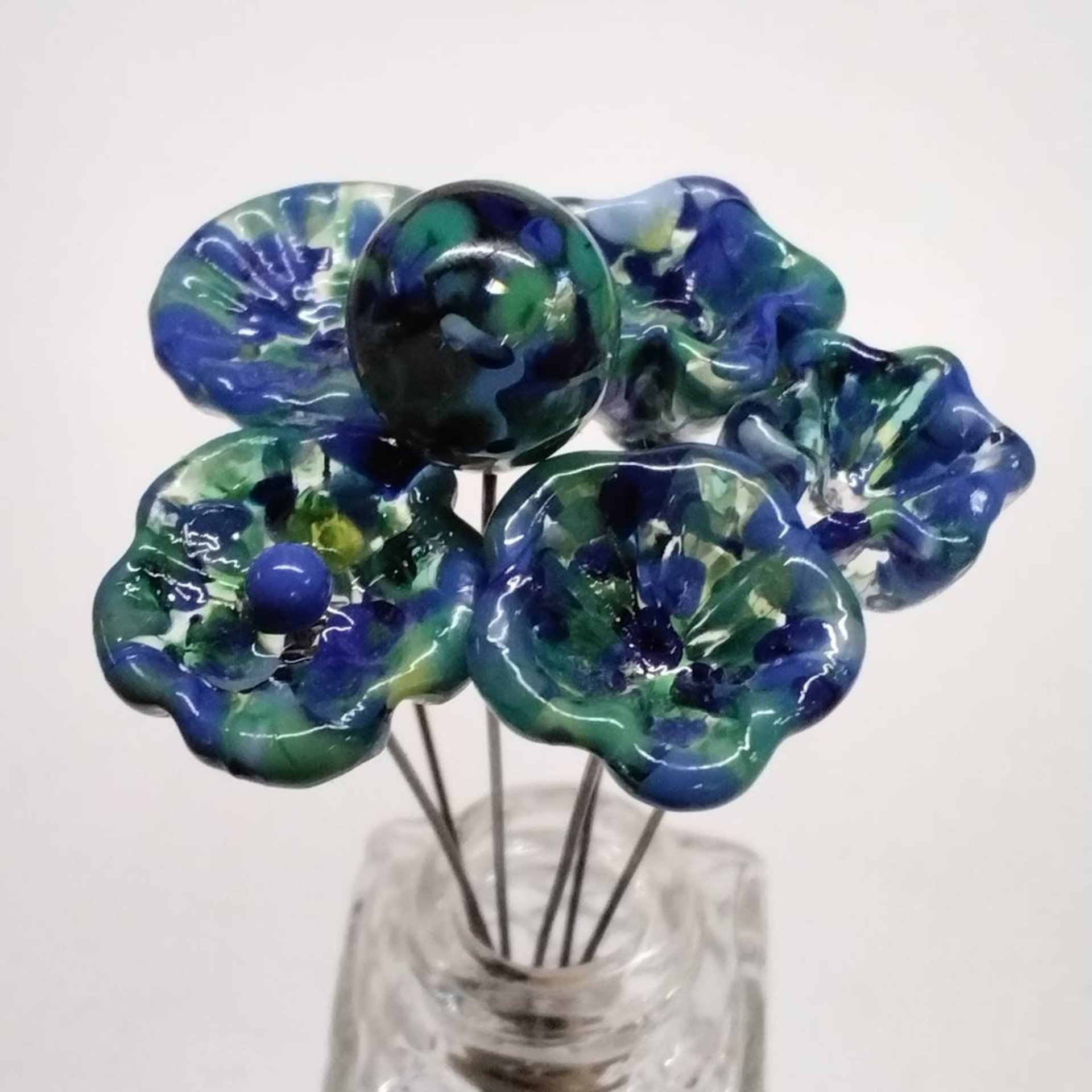 GREEN/BLUE SPRINKLES glass flower headpins, tiny small mini glass flowers on wire; handcrafted lampwork, jewelry, mixed media, wedding, gift