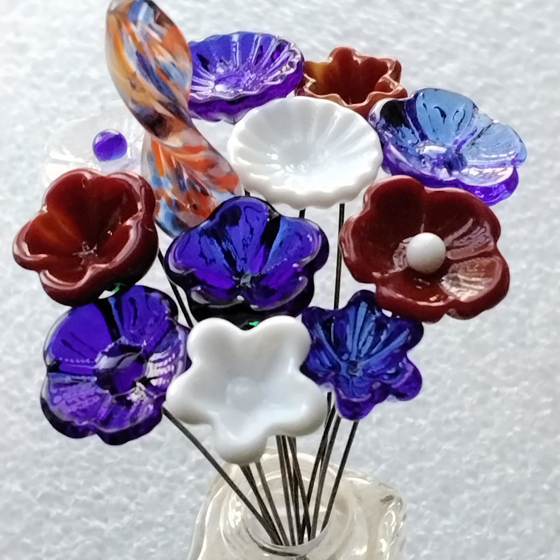 PATRIOTIC/RedWhiteBlue Bouquet ~ glass flower/leaf bouquet, tiny small mini glass flowers; indiviually crafted, military patriotic gift