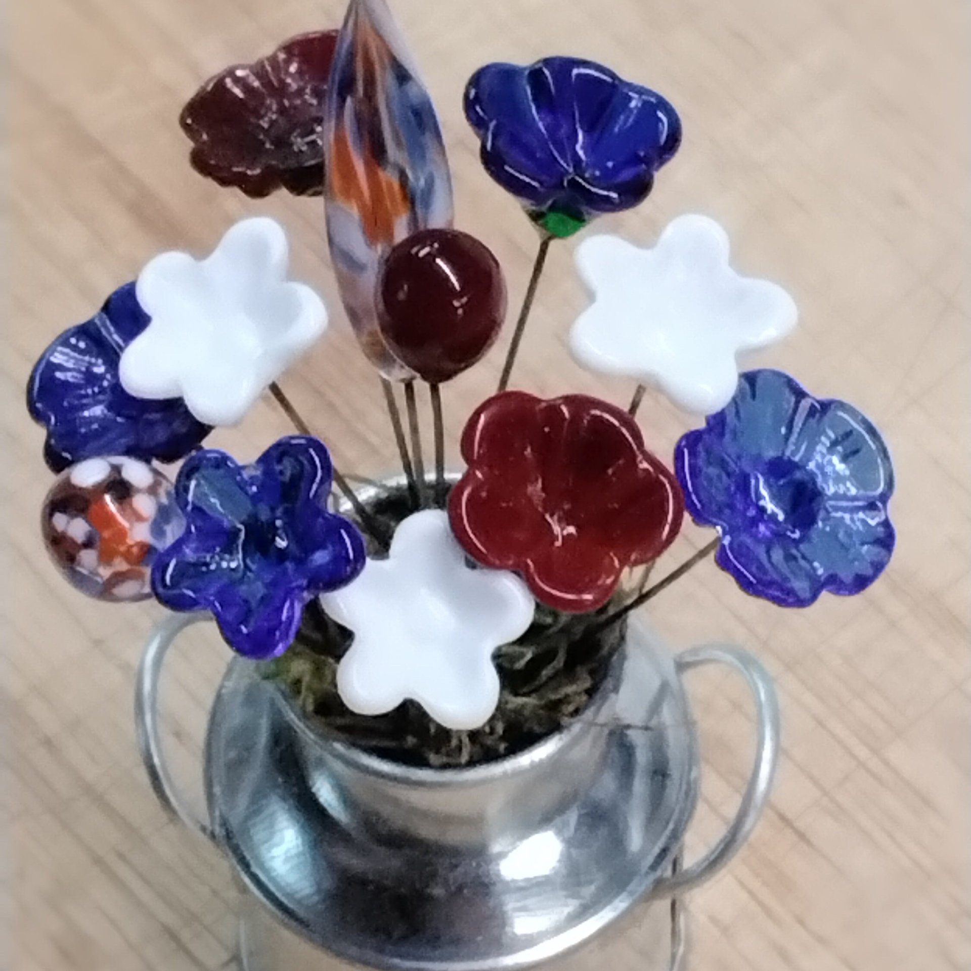 PATRIOTIC/RedWhiteBlue Bouquet ~ glass flower/leaf bouquet, tiny small mini glass flowers; indiviually crafted, military patriotic gift