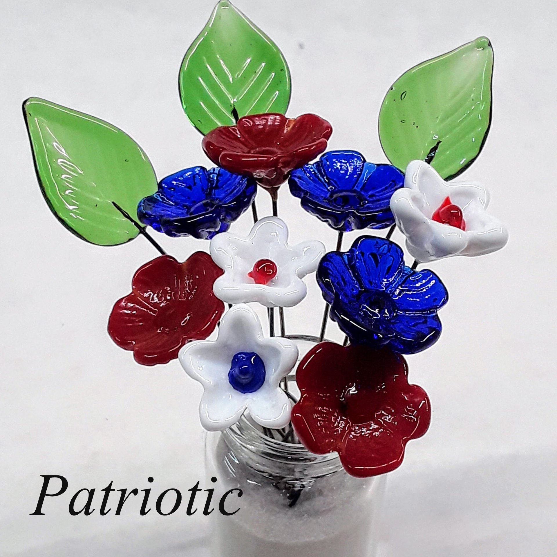 PATRIOTIC/RedWhiteBlue Bouquet ~ glass flower/leaf bouquet, tiny small mini glass flowers; indiviually crafted, military patriotic gift