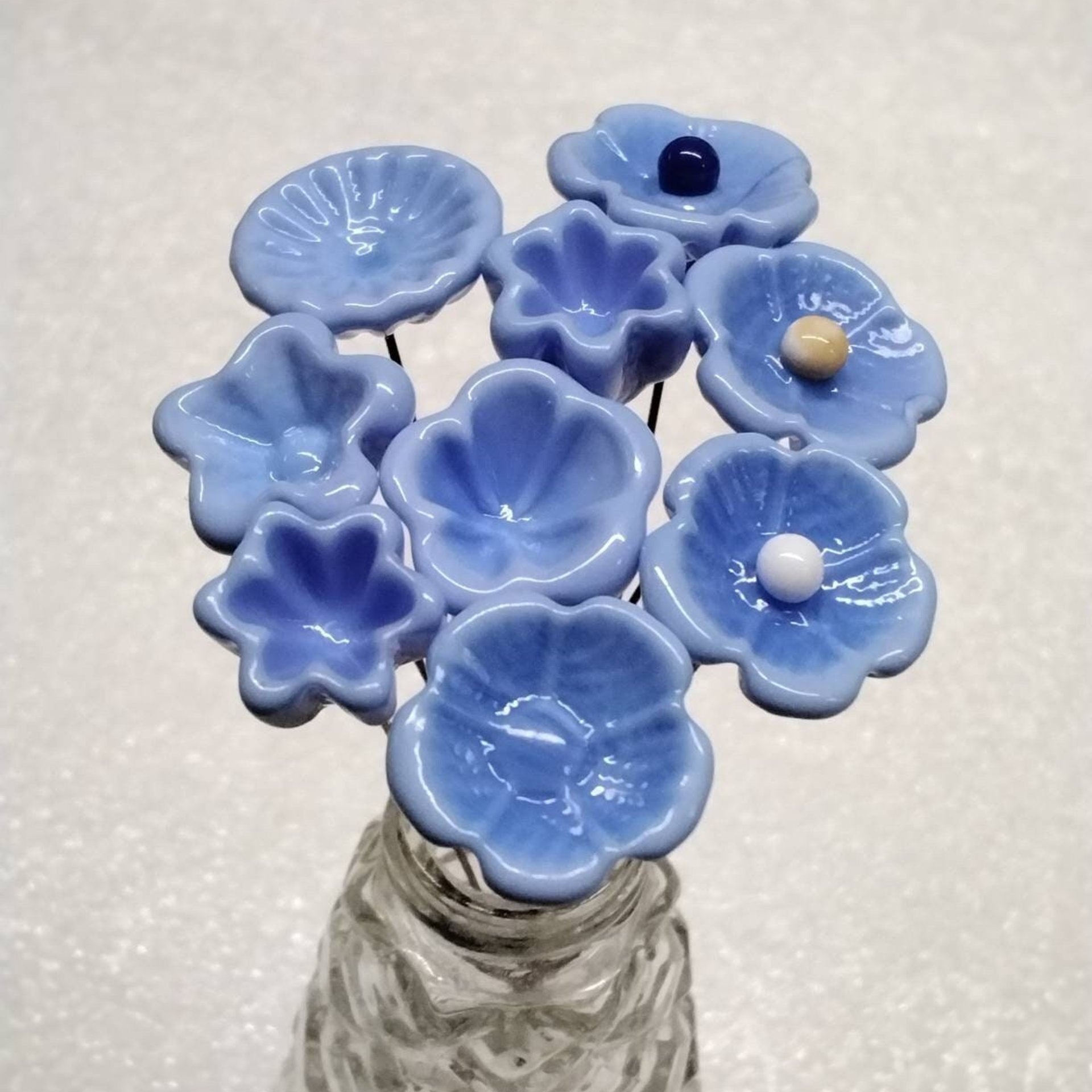 PERIWINKLE miniature glass flowers on wire; mini tiny small handcraft lampwork. Jewelry, mixed media, wedding, forever flowers, curio, gift