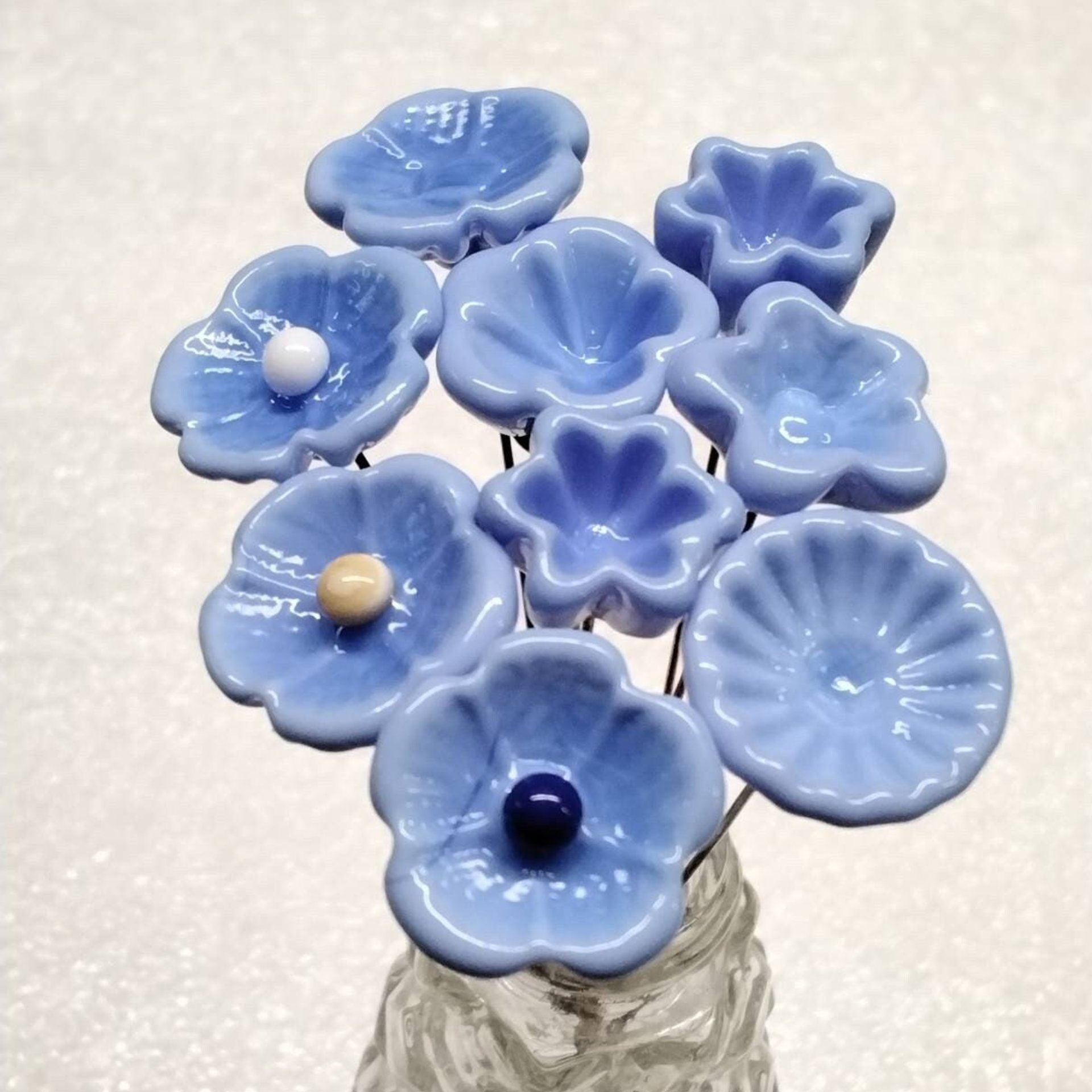 PERIWINKLE miniature glass flowers on wire; mini tiny small handcraft lampwork. Jewelry, mixed media, wedding, forever flowers, curio, gift