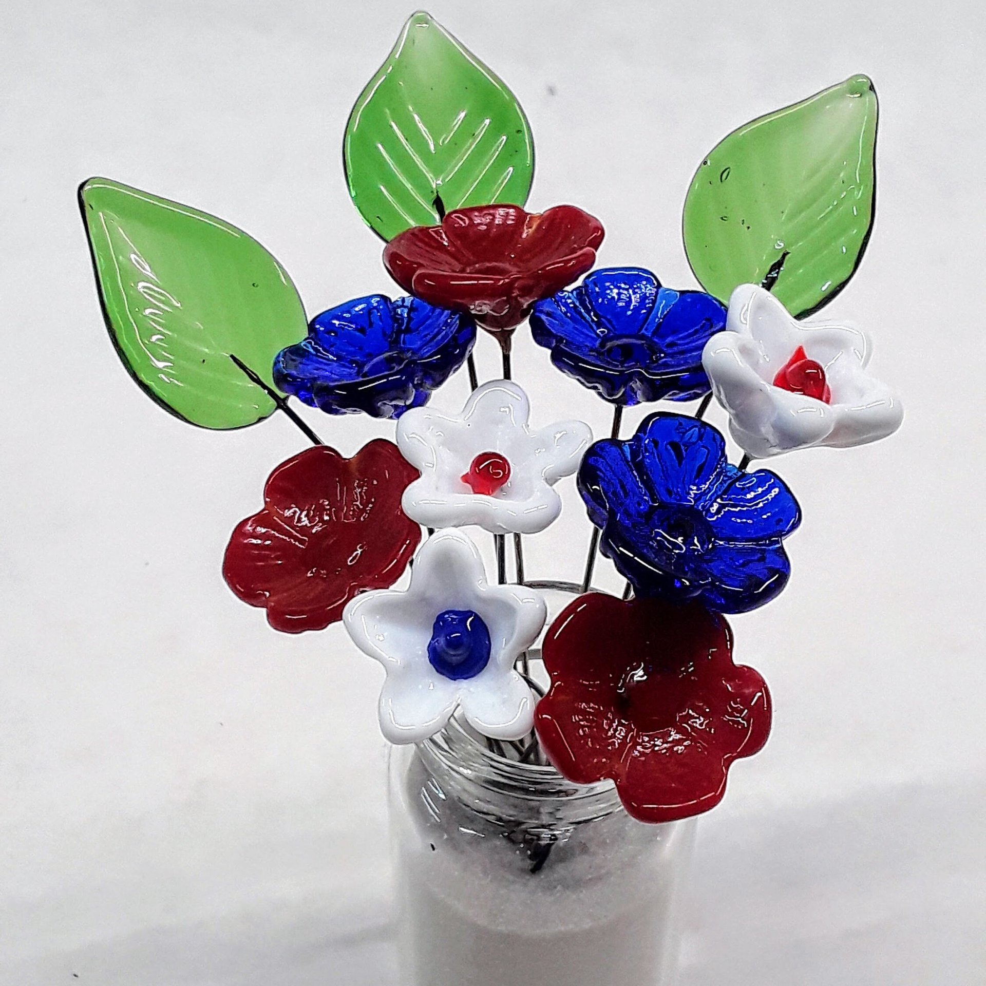PATRIOTIC/RedWhiteBlue Bouquet ~ glass flower/leaf bouquet, tiny small mini glass flowers; indiviually crafted, military patriotic gift