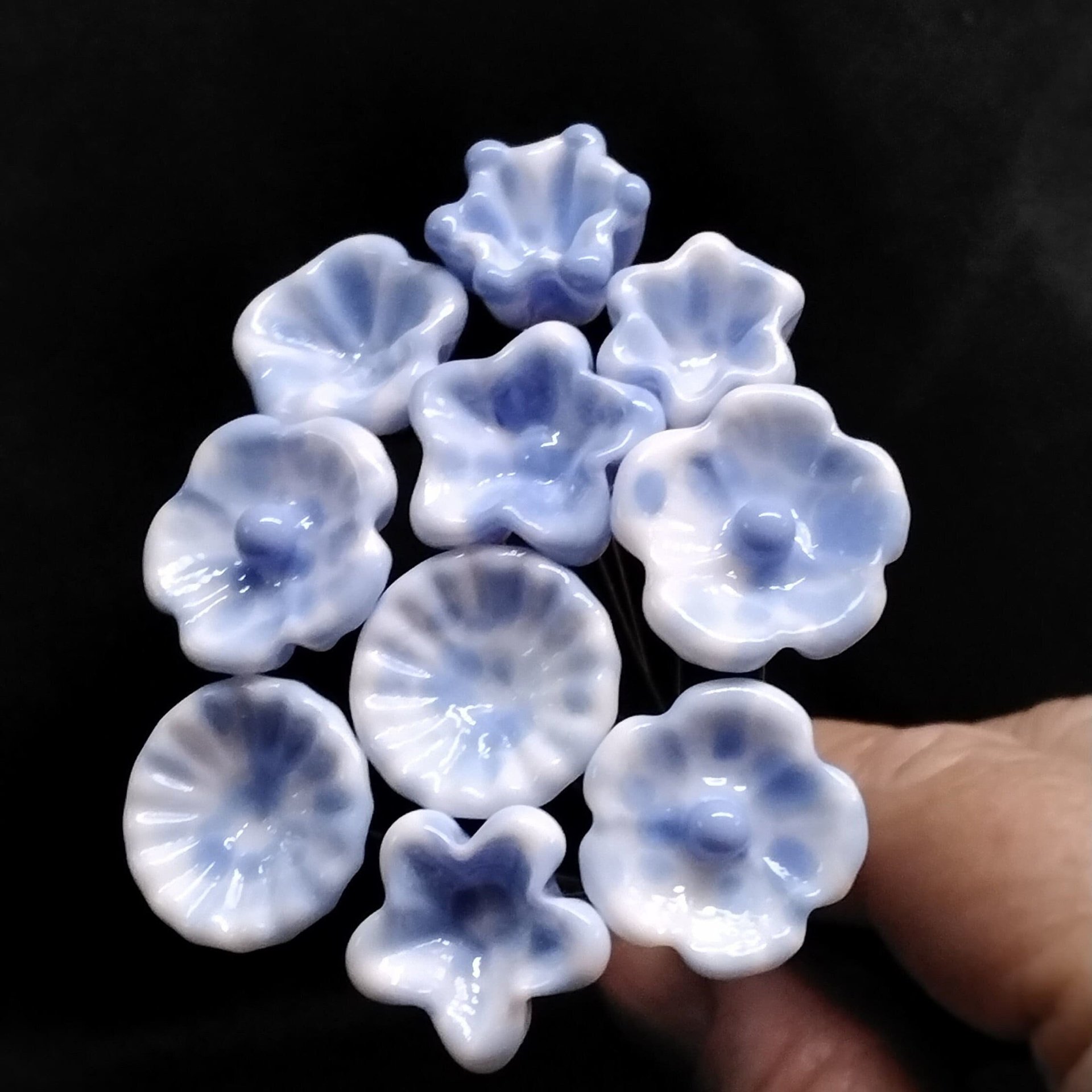 PERIWINKLE SPRINKLES glass flower headpins; tiny small mini glass flowers on wire; handcrafted lampwork, jewelry, mixed media, wedding, gift