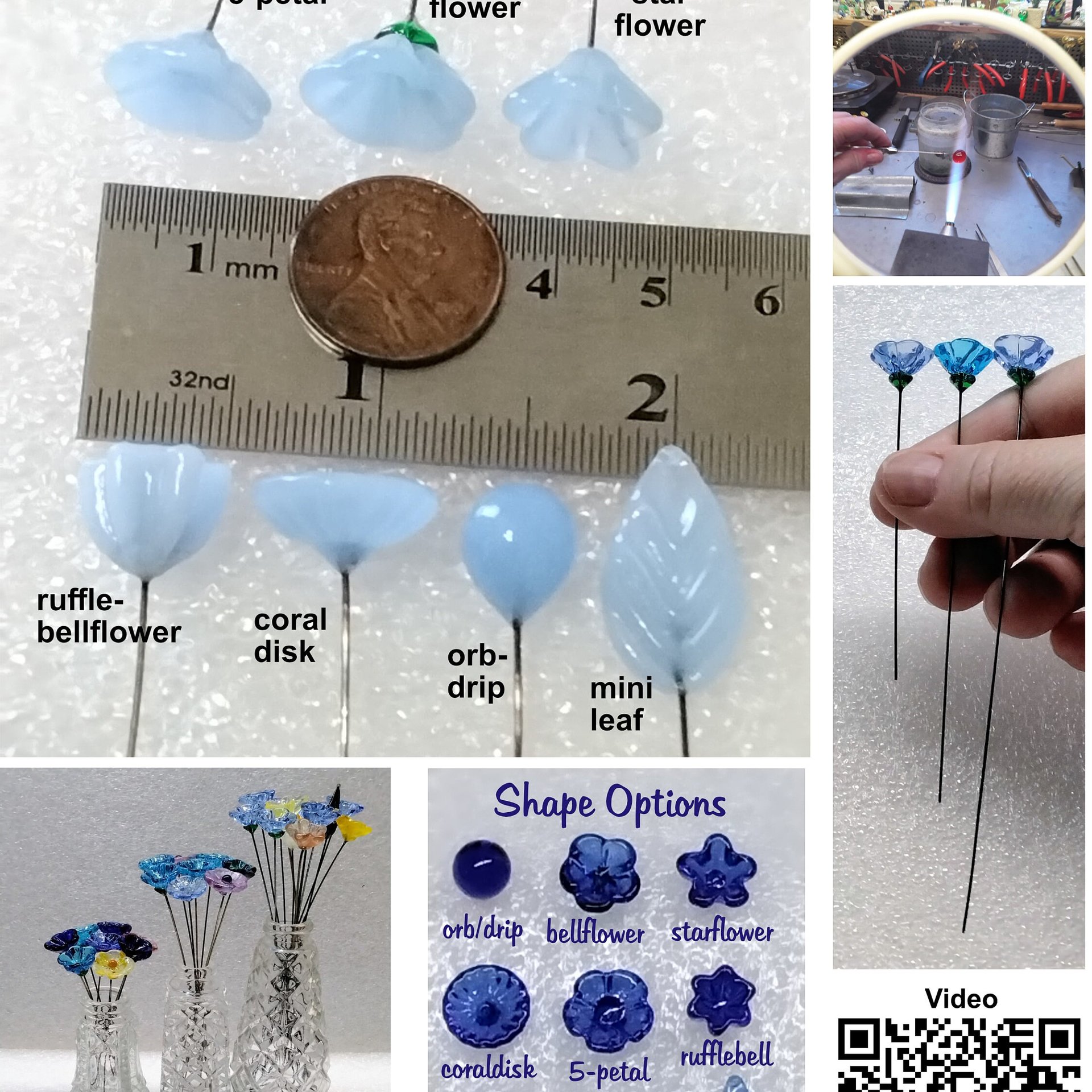 Blue and White Coral Disk Chinoiserie Currier Ives glass flower headpins, tiny small mini glass flowers on wire individual crafted lampwork