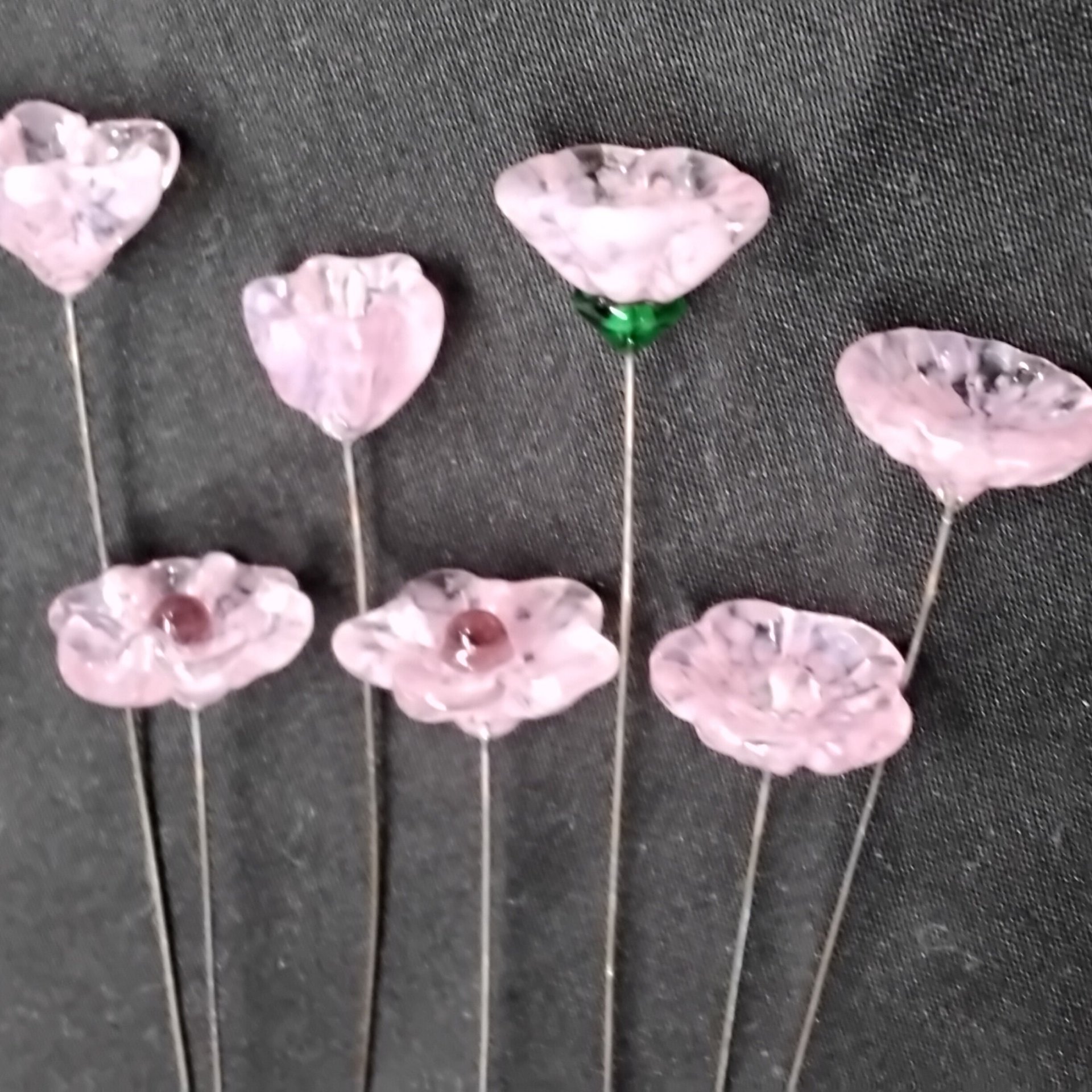 SOFT PINK glass flowers; tiny small mini glass flowers on wire headpins; handcrafted, bouquet, jewelry supply, gift, curio, windowsill