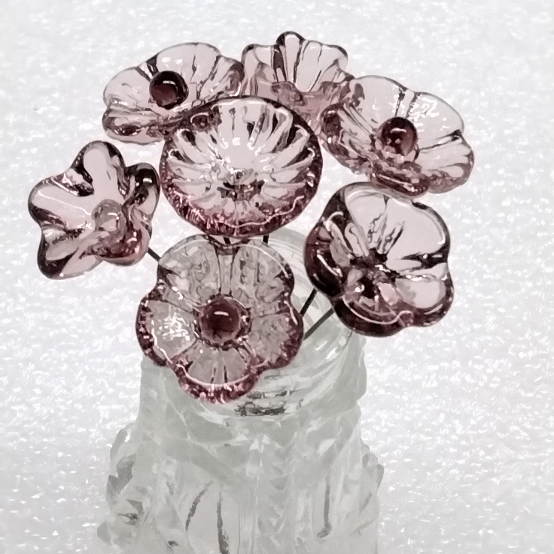 LIGHT ROSE' WINE 5-petal glass flower headpins ~ tiny small mini glass flowers on wire; handcrafted lampwork,