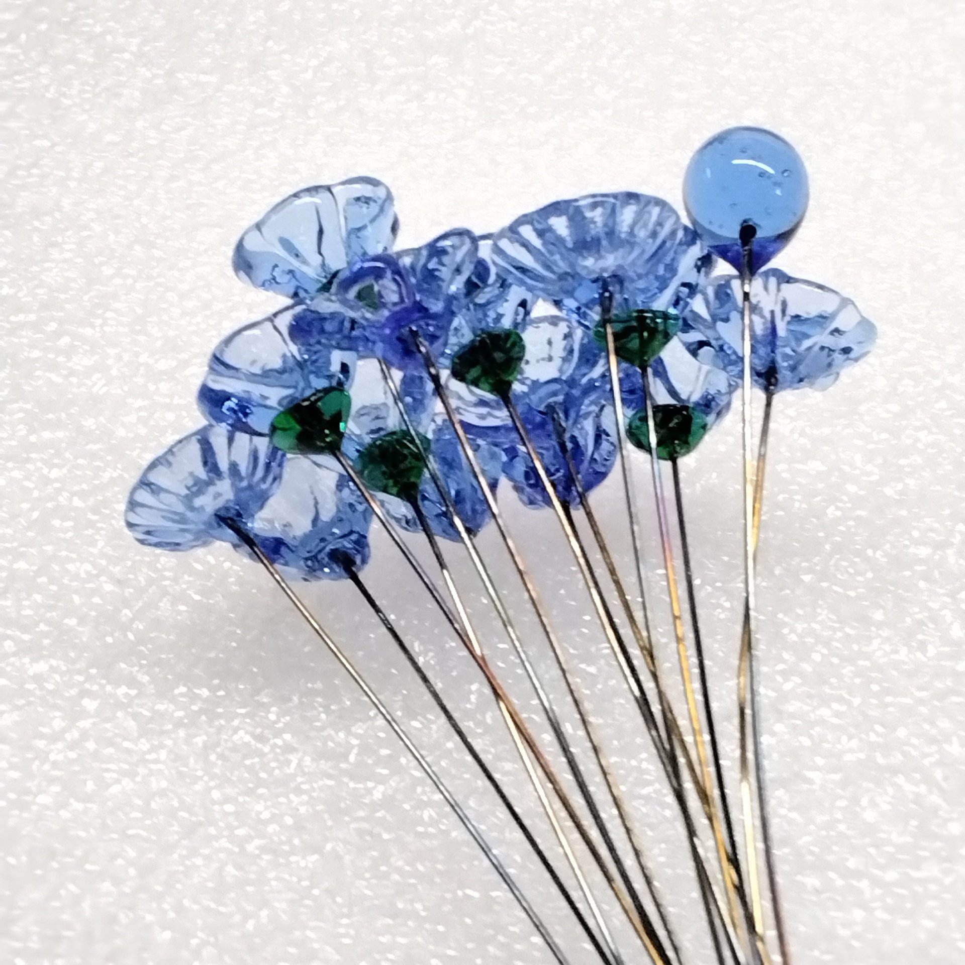 LIGHT BLUE glass flower headpins ~ tiny, small miniature glass flowers on wire;  jewelry, wedding, bouquet, mixed media, great for gifts