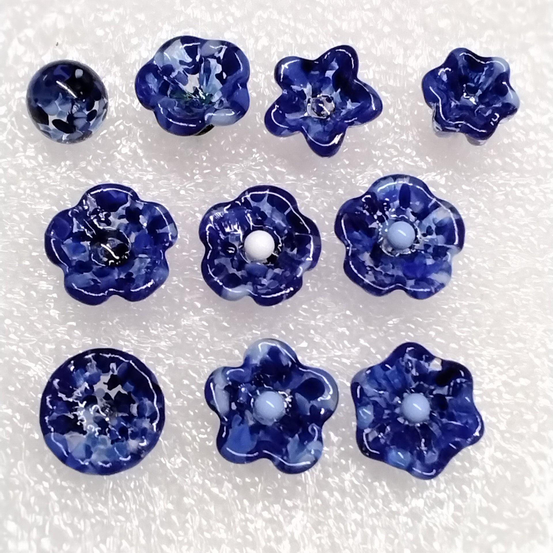 DARK BLUE VARIEGATED glass flowers; mini tiny small glass flowers on wire; handcrafted lampwork, jewelry, mixed media, wedding, gifts