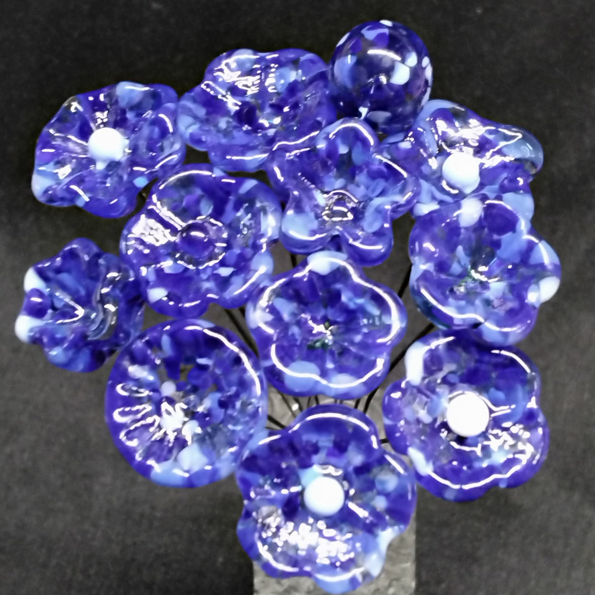 DARK BLUE VARIEGATED glass flowers; mini tiny small glass flowers on wire; handcrafted lampwork, jewelry, mixed media, wedding, gifts