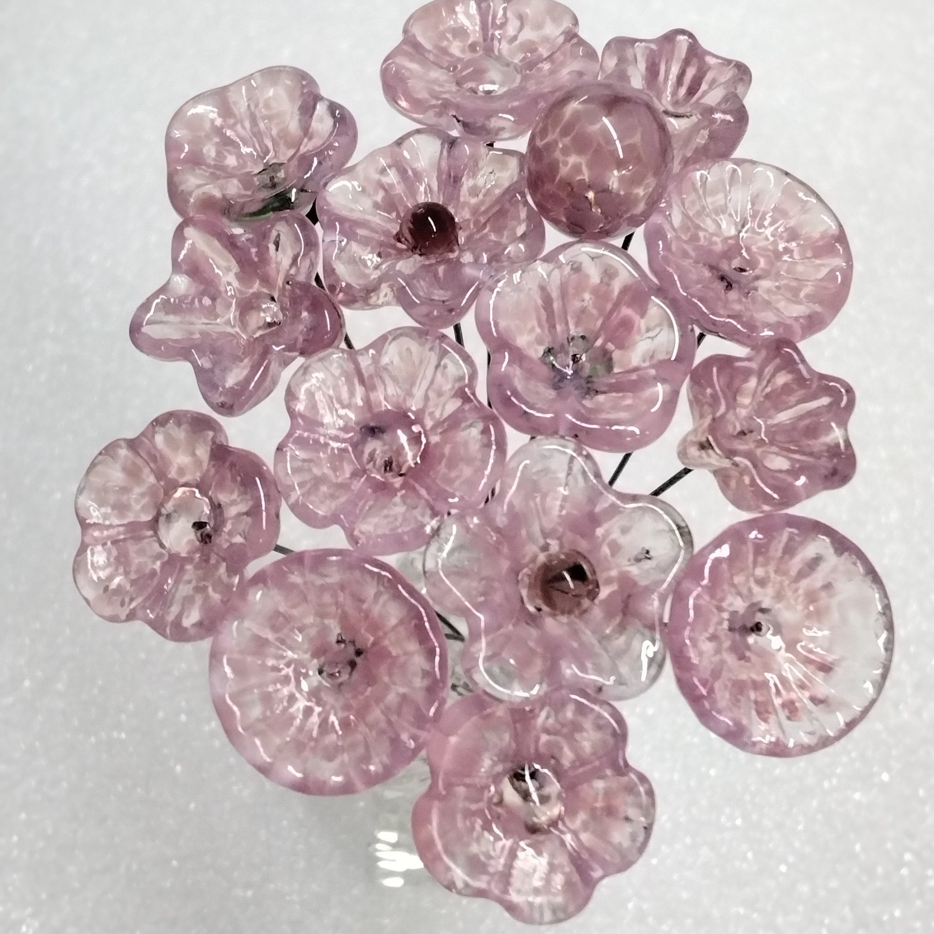 SOFT PINK glass flowers; tiny small mini glass flowers on wire headpins; handcrafted, bouquet, jewelry supply, gift, curio, windowsill
