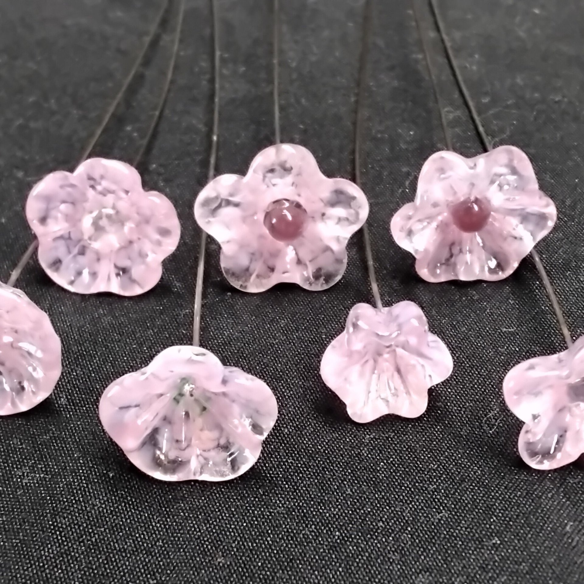 SOFT PINK glass flowers; tiny small mini glass flowers on wire headpins; handcrafted, bouquet, jewelry supply, gift, curio, windowsill
