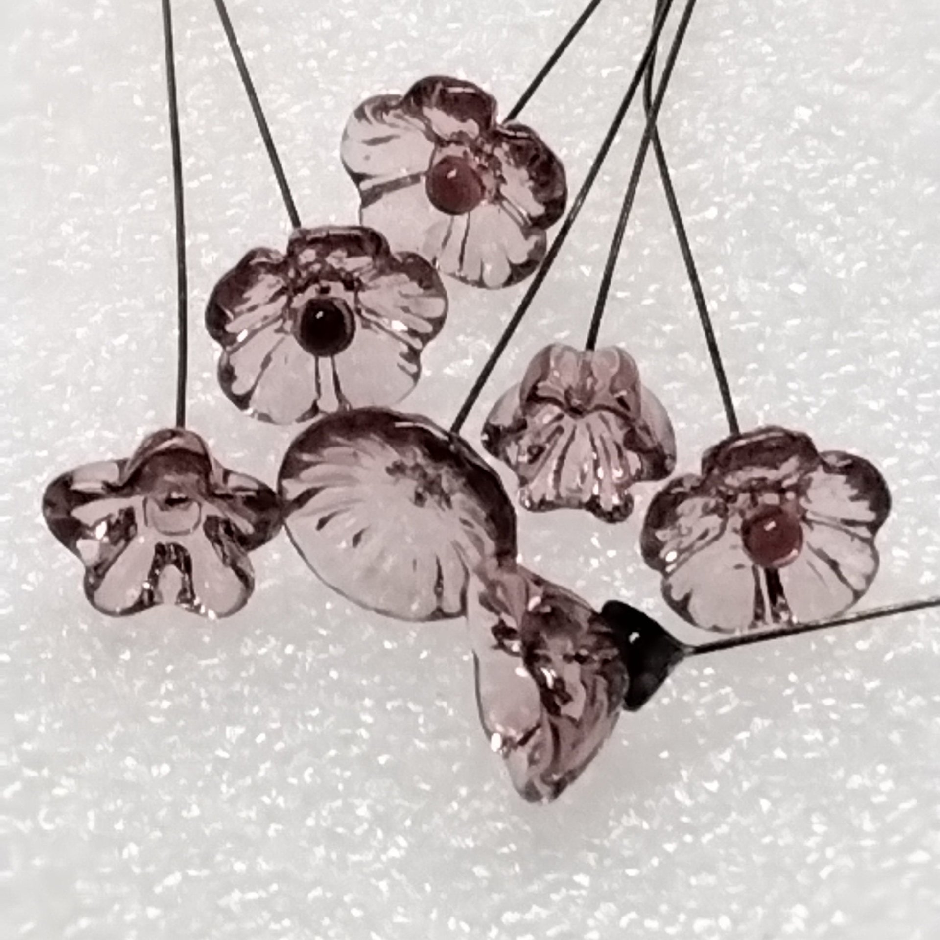 LIGHT ROSE' WINE 5-petal glass flower headpins ~ tiny small mini glass flowers on wire; handcrafted lampwork,