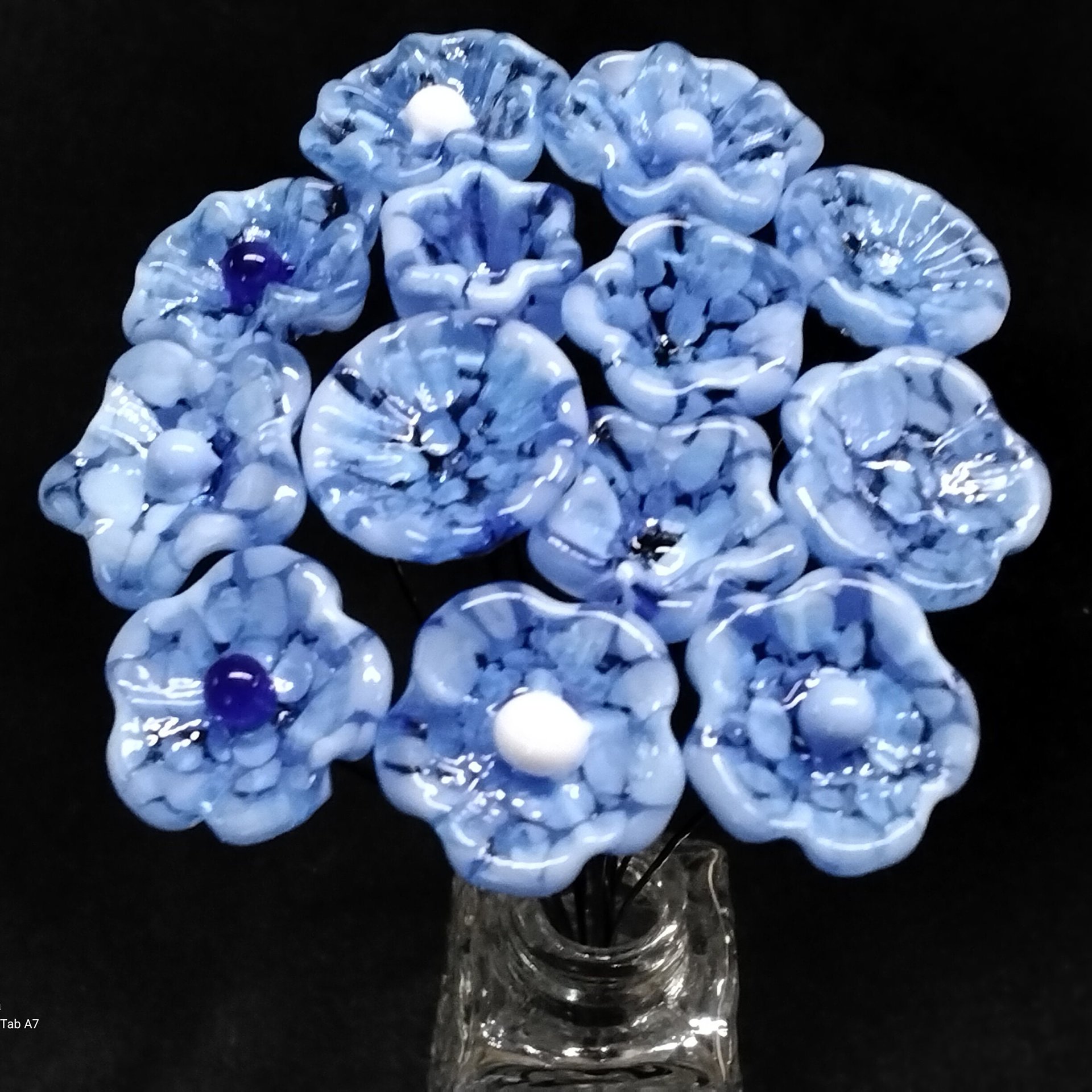 LIGHT BLUE MOTTLE glass flowers; mini tiny small glass flowers on wire;handcrafted lampwork, jewelry, mixed media, wedding, little gift