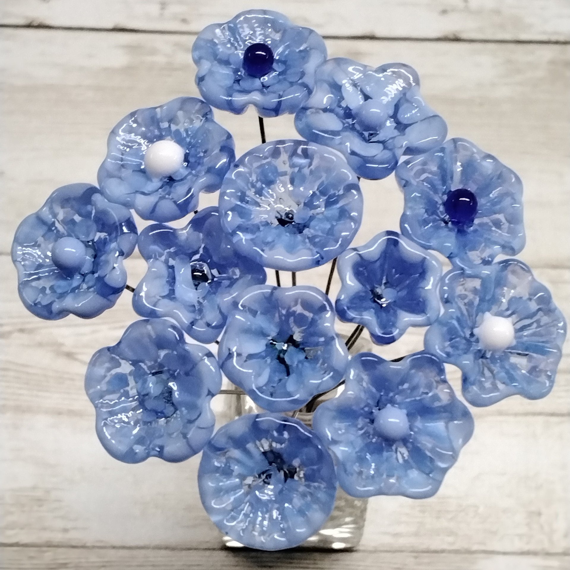 LIGHT BLUE MOTTLE glass flowers; mini tiny small glass flowers on wire;handcrafted lampwork, jewelry, mixed media, wedding, little gift