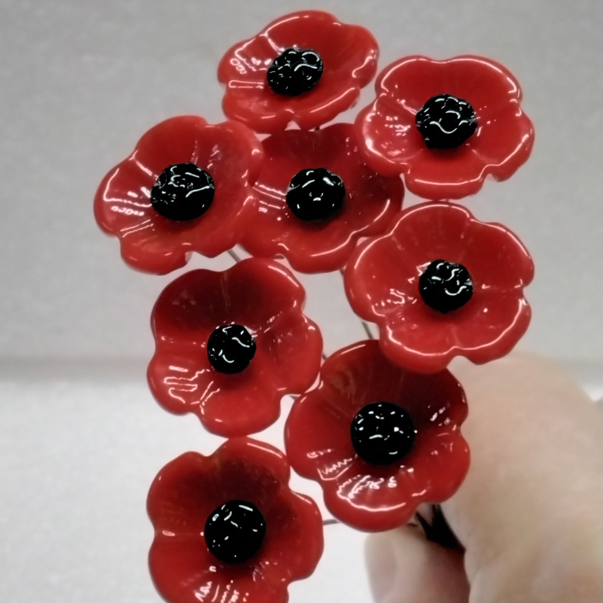 RED POPPY glass flower headpins miniature small tiny glass flowers on wire; individually crafted lampwork, bestseller 1/2 inch in 5in wire