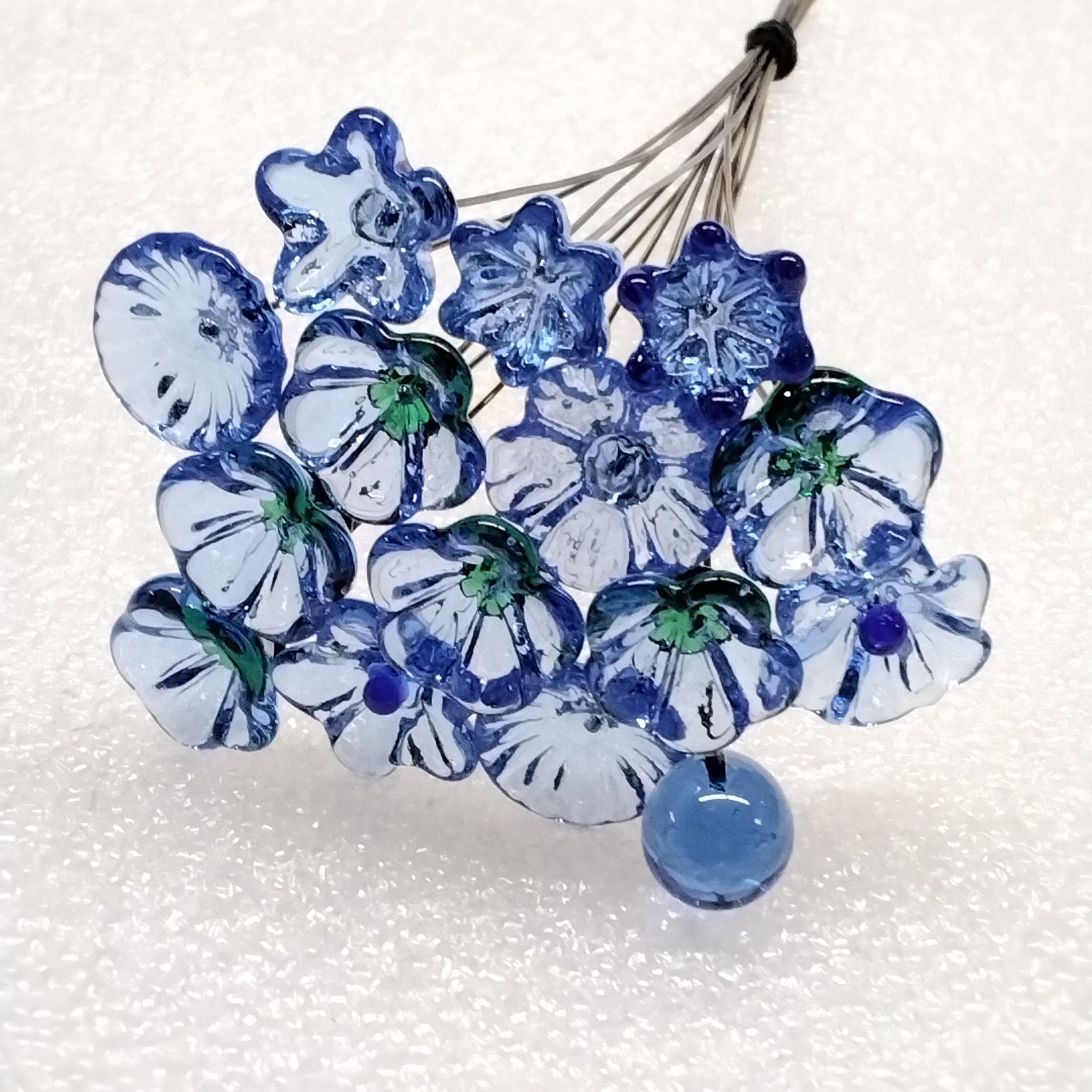 LIGHT BLUE glass flower headpins ~ tiny, small miniature glass flowers on wire;  jewelry, wedding, bouquet, mixed media, great for gifts