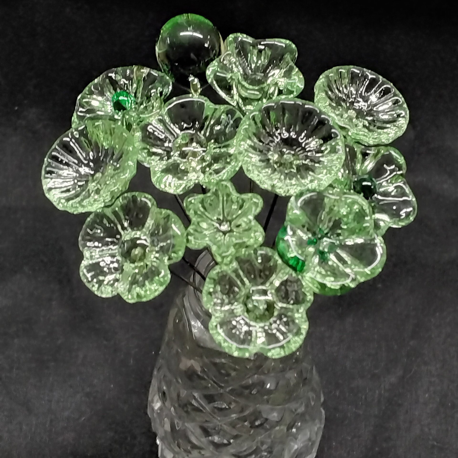 CRYSTAL GREEN (very light) glass flower headpins; tiny small mini glass flowers on wire; individually crafted lampwork glass in my studio