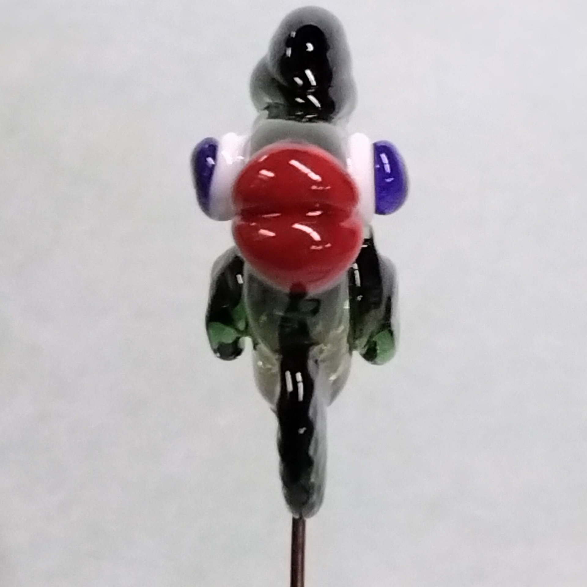 GREEN CAMO FISH glass miniature 5" high; handmade lampwork small fish sculpture on wire ~ tiny small miniature glass sculpture