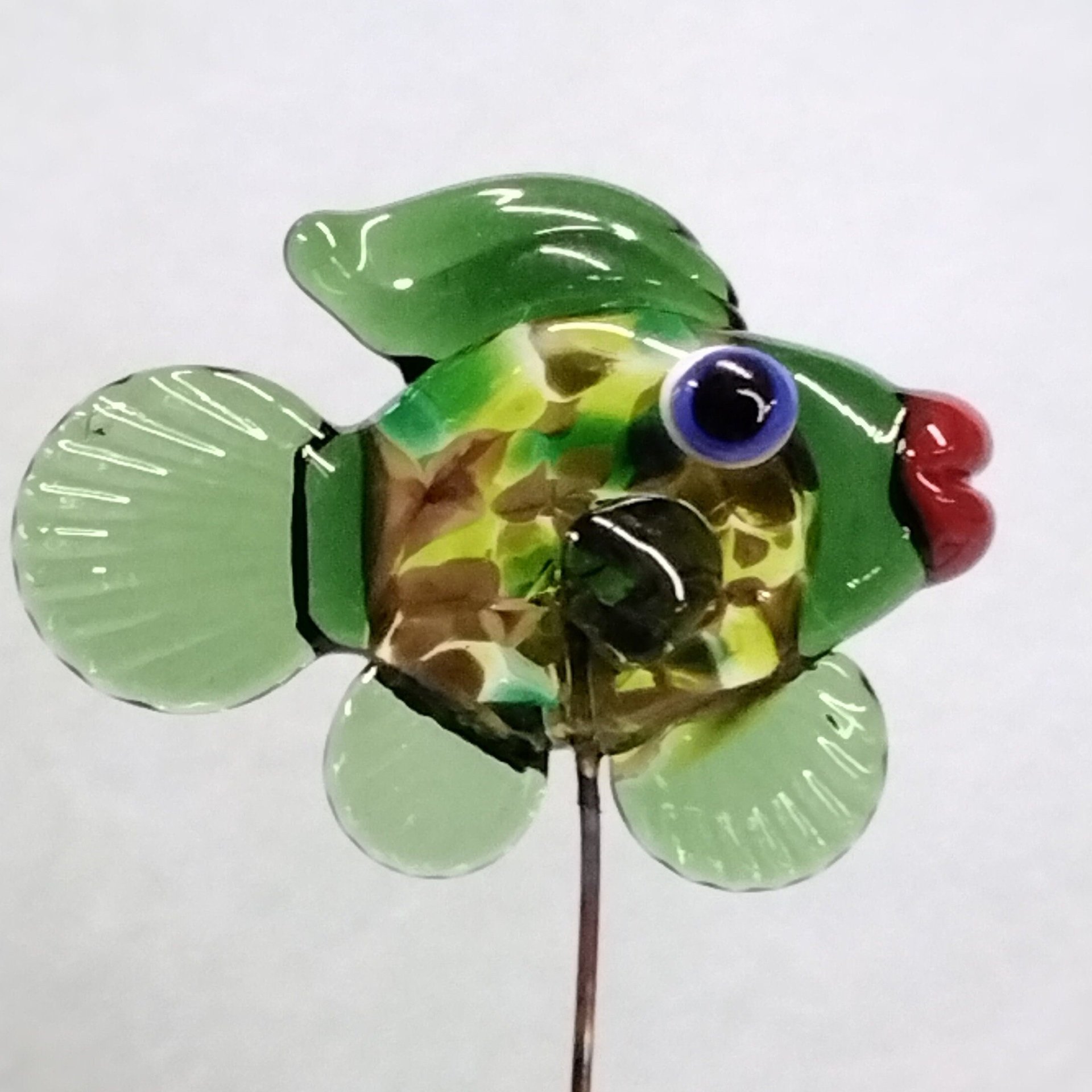 GREEN CAMO FISH glass miniature 5" high; handmade lampwork small fish sculpture on wire ~ tiny small miniature glass sculpture