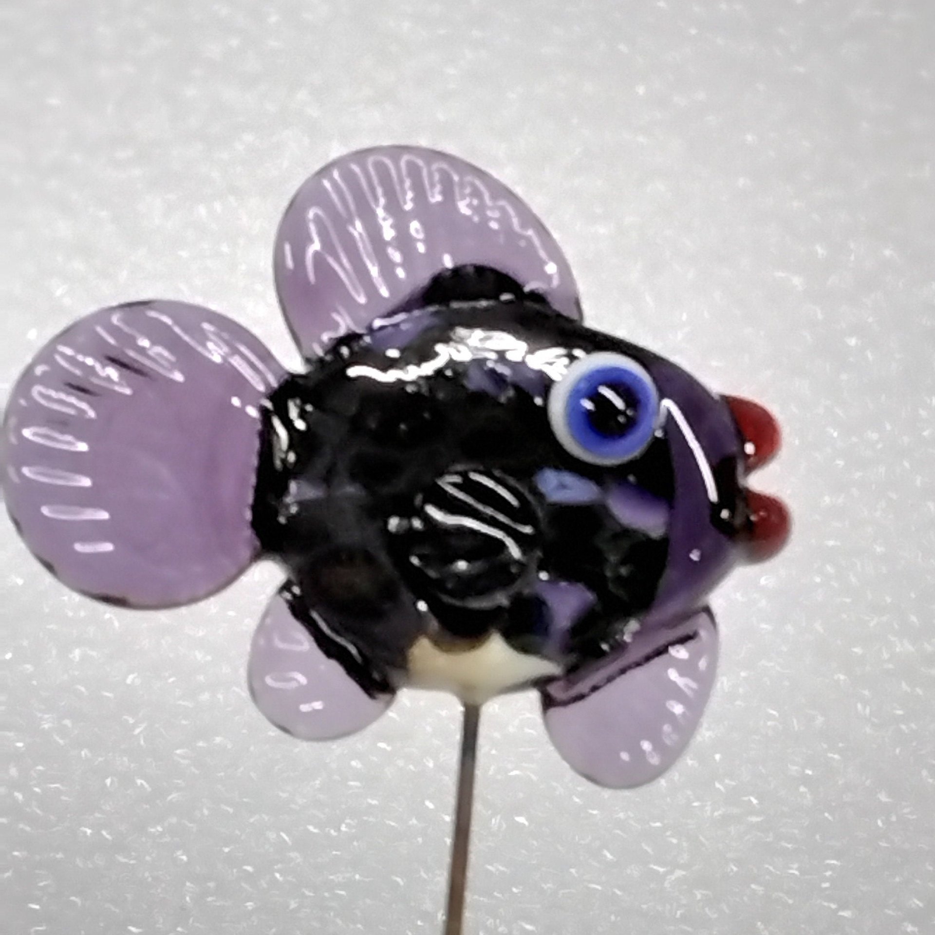 DARK PURPLEfrit FISH glass miniature 5" high; handmade lampwork small fish sculpture on wire; tiny small miniature glass sculpture