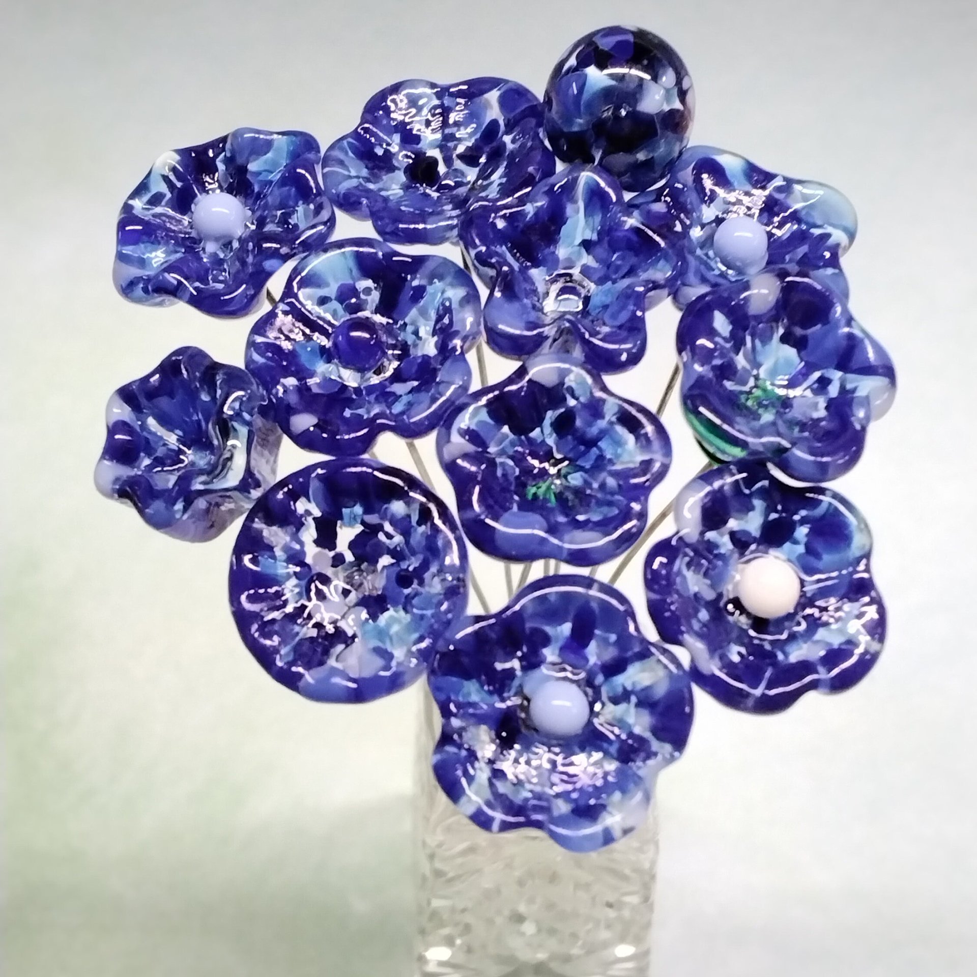 DARK BLUE VARIEGATED glass flowers; mini tiny small glass flowers on wire; handcrafted lampwork, jewelry, mixed media, wedding, gifts