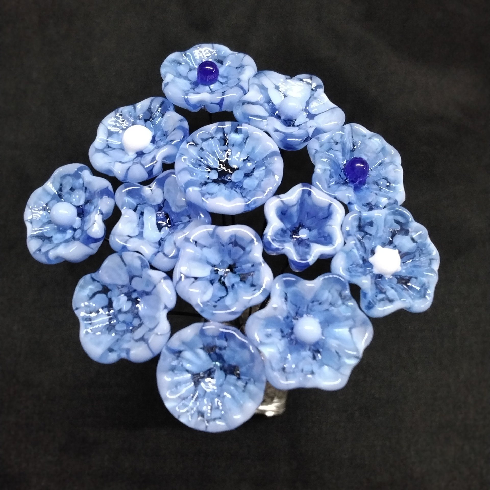 LIGHT BLUE MOTTLE glass flowers; mini tiny small glass flowers on wire;handcrafted lampwork, jewelry, mixed media, wedding, little gift