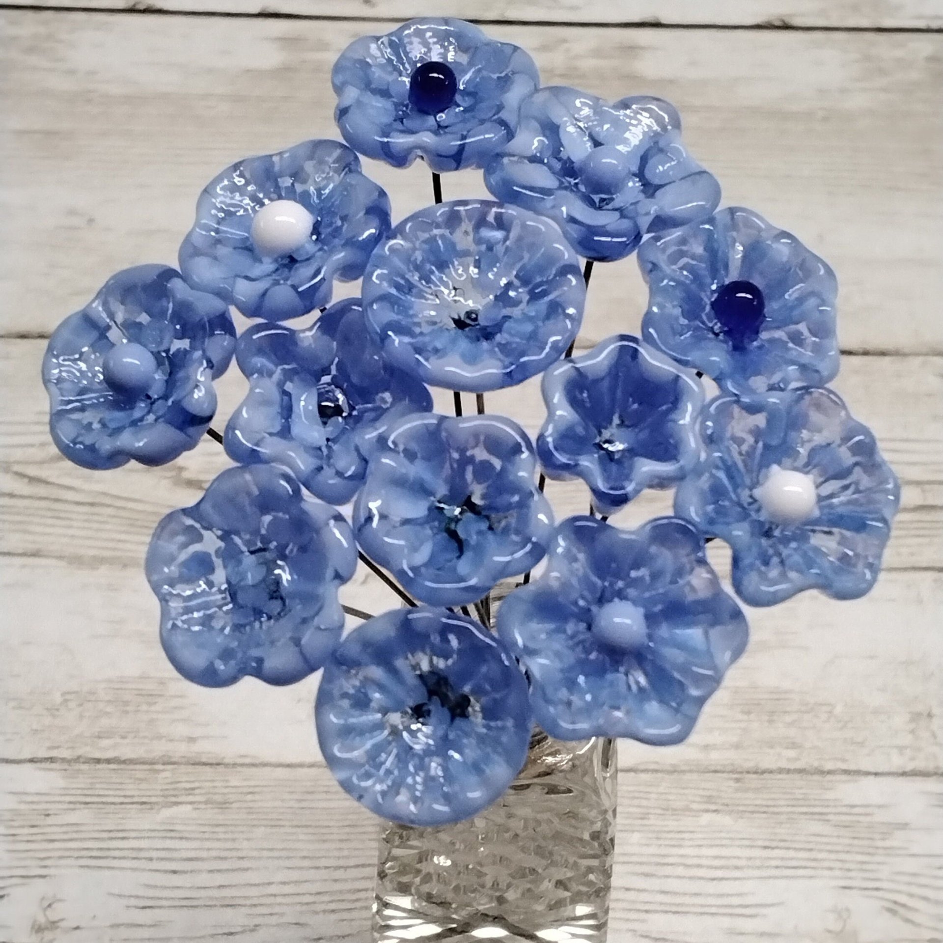 LIGHT BLUE MOTTLE glass flowers; mini tiny small glass flowers on wire;handcrafted lampwork, jewelry, mixed media, wedding, little gift